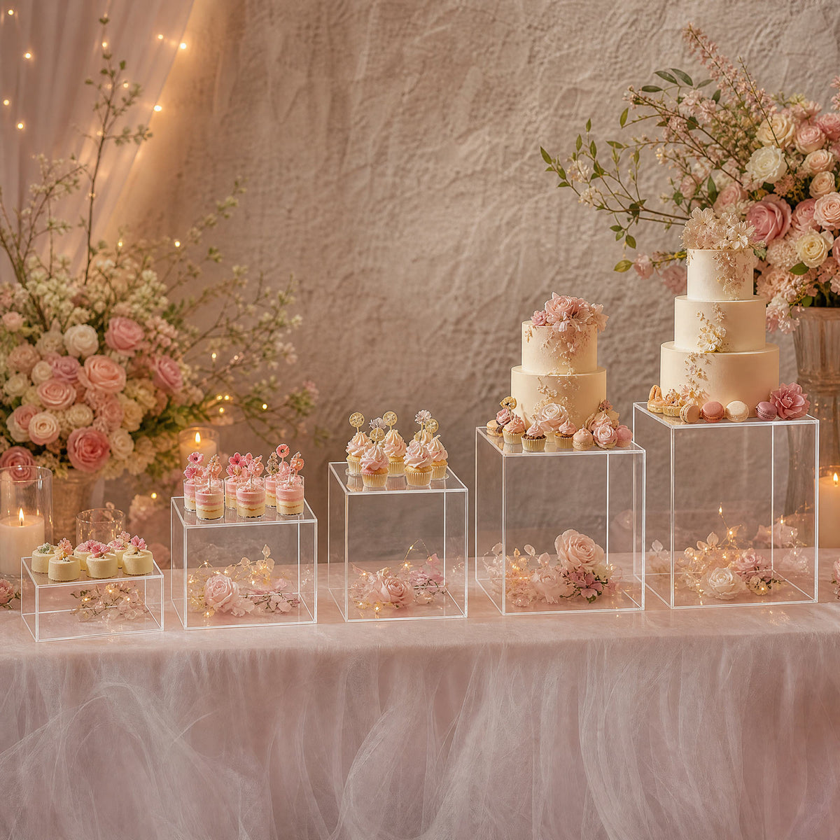 Set of 5 Square Acrylic Cake Risers, Clear Dessert Display Stands for Buffets & Events – 4"-12" Tall
