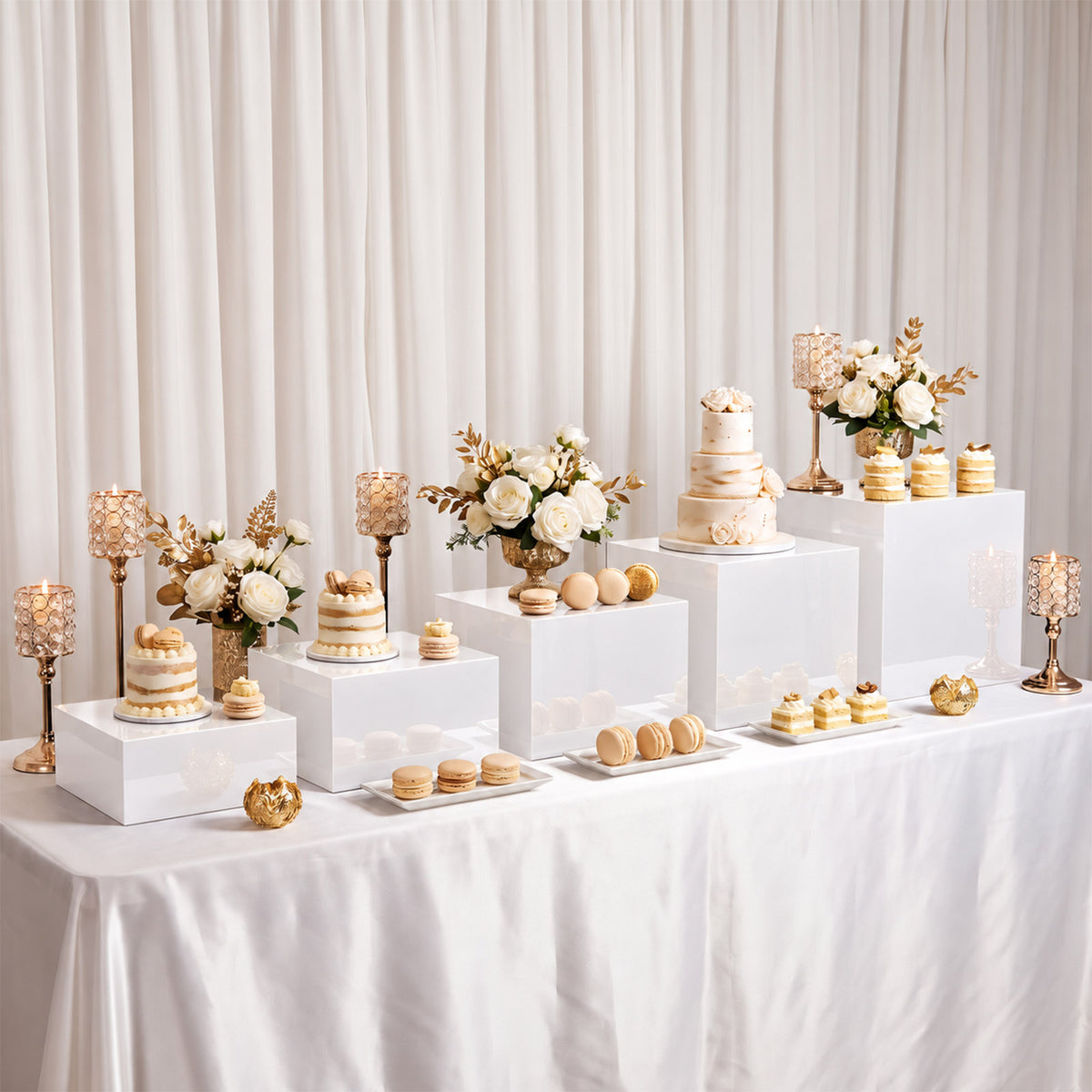 Set of 5 Square Acrylic Cake Risers, White Dessert Display Stands for Buffets & Events – 4"-12" Tall