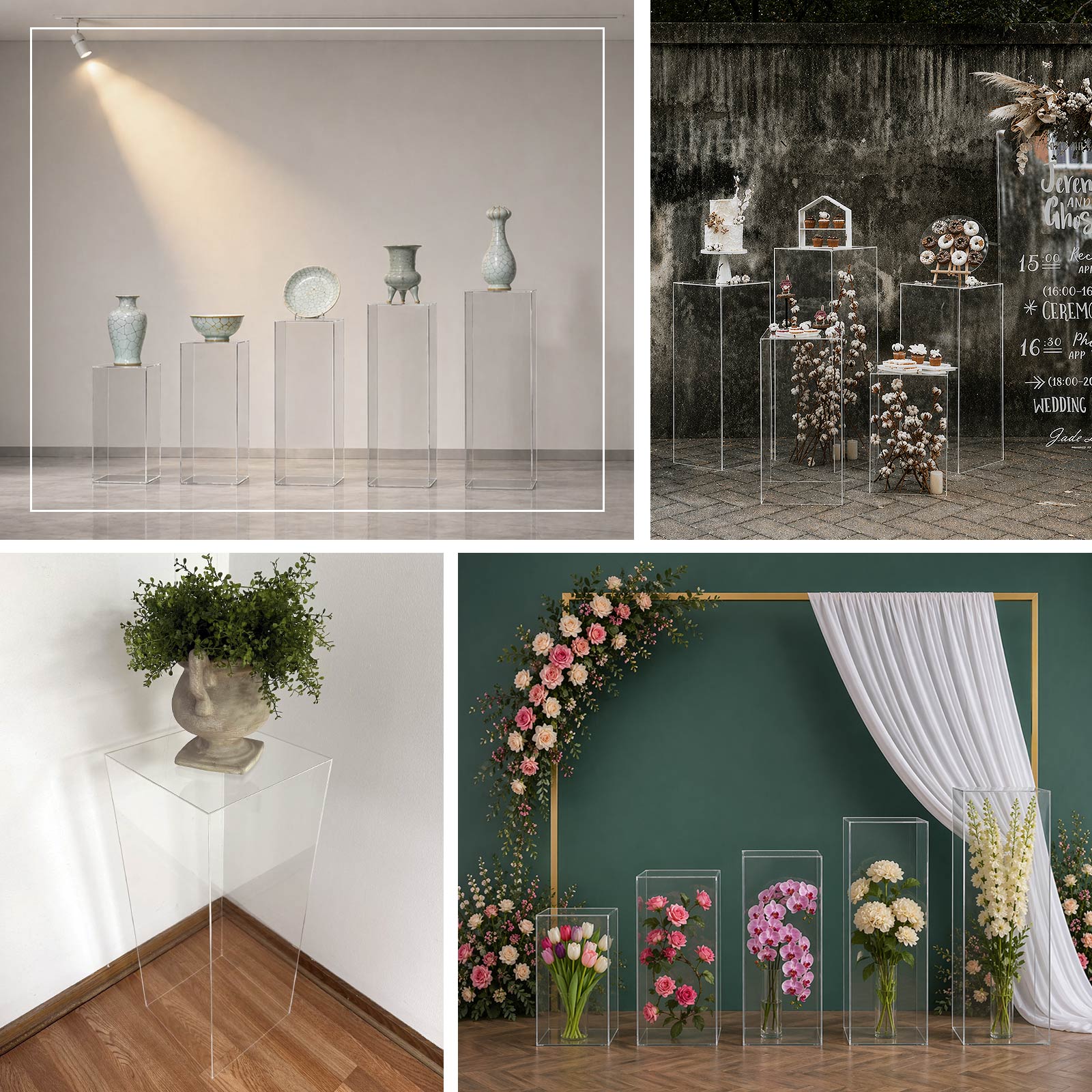 Clear acrylic pedestal stands in various heights for display and décor.
