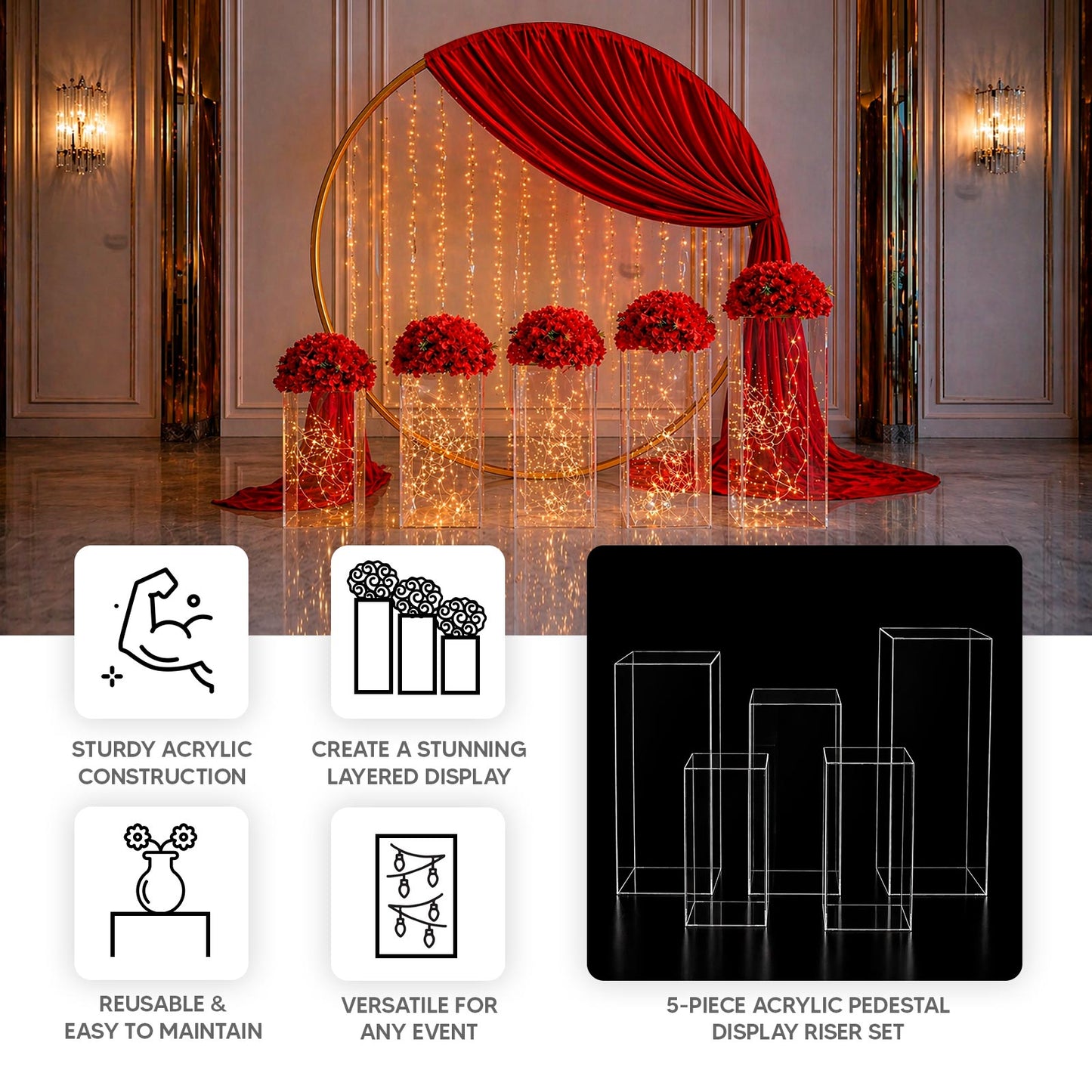Clear acrylic pedestal stands set for retail and event décor.