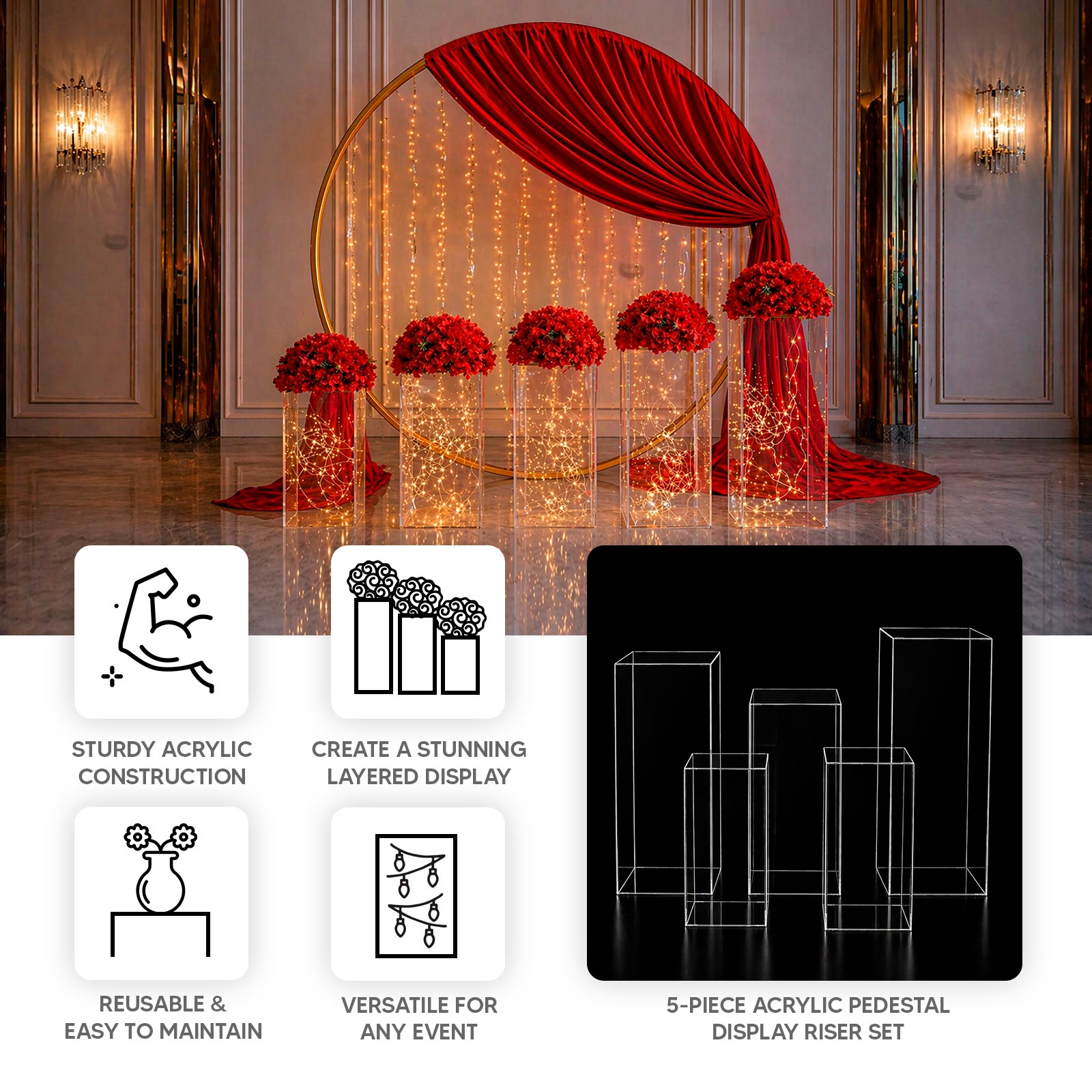 Clear acrylic pedestal stands set for retail and event décor.