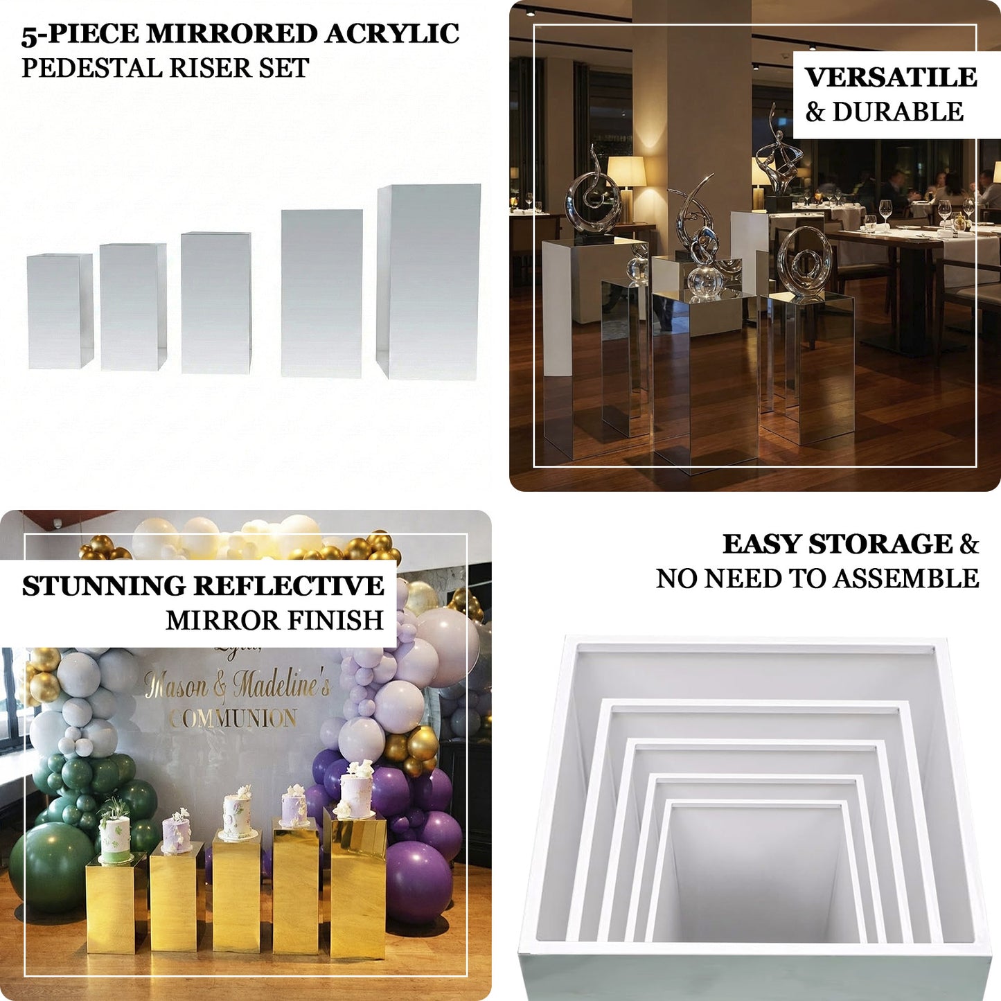 Set of 5 Mirror Acrylic Pedestal Stands – Pre-Assembled Rectangular Display Risers 20", 22", 24", 28", 32"
