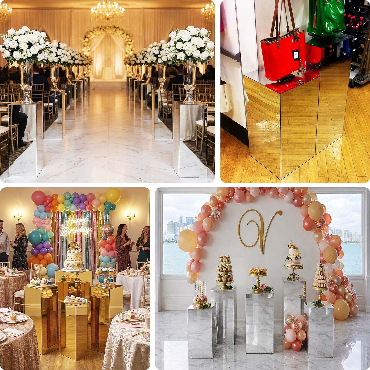 Set of 5 Mirror Acrylic Pedestal Stands – Pre-Assembled Rectangular Display Risers 20", 22", 24", 28", 32"