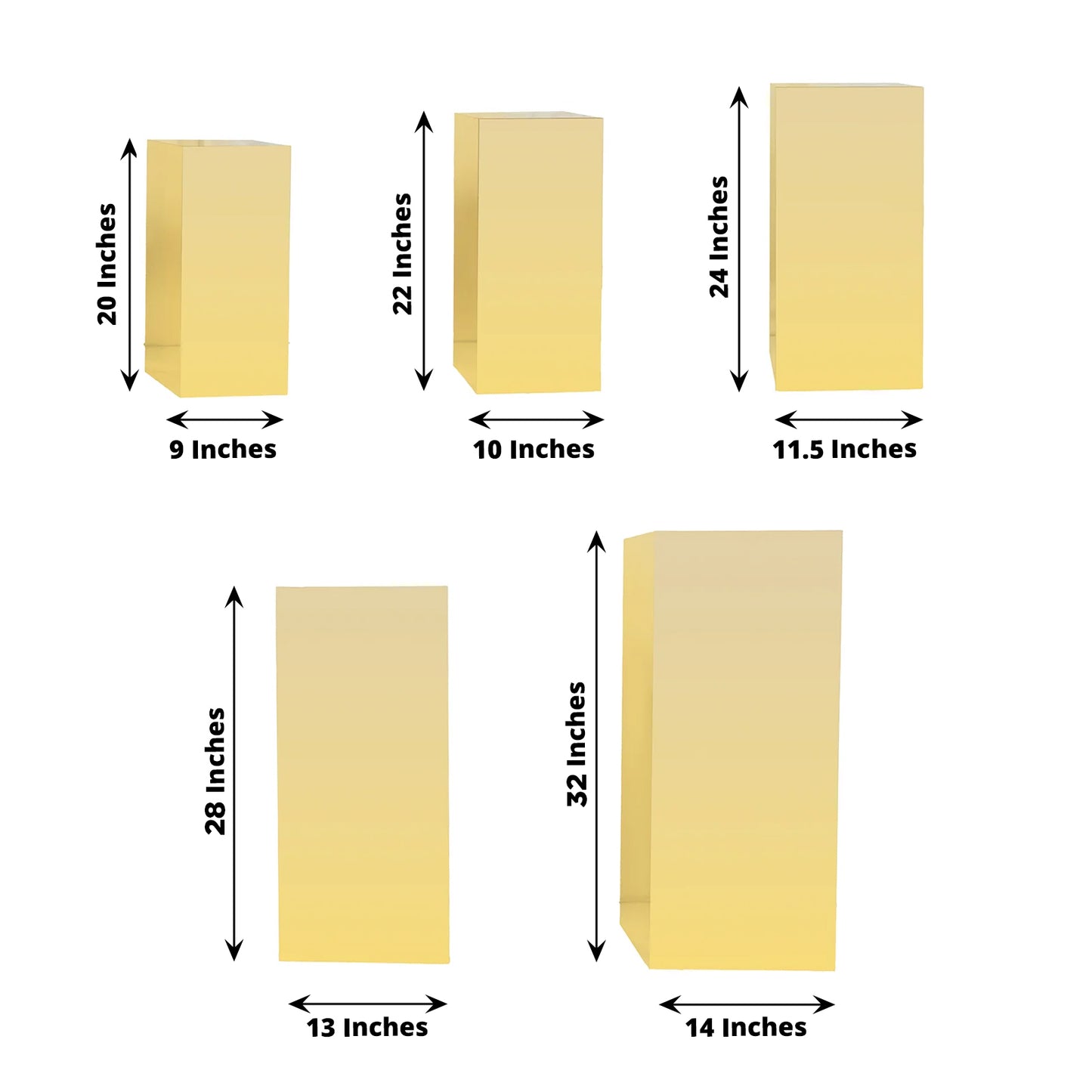 Set of 5 Gold Mirror Acrylic Pedestal Stands – Pre-Assembled Rectangular Display Risers for Retail, Parties & Event Décor – 20", 22", 24", 28", 32"