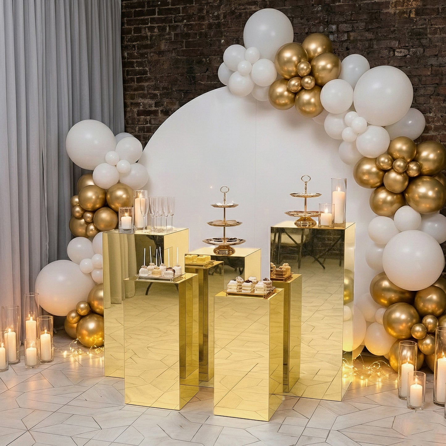 Set of 5 Gold Mirror Acrylic Pedestal Stands – Pre-Assembled Rectangular Display Risers for Retail, Parties & Event Décor – 20", 22", 24", 28", 32"