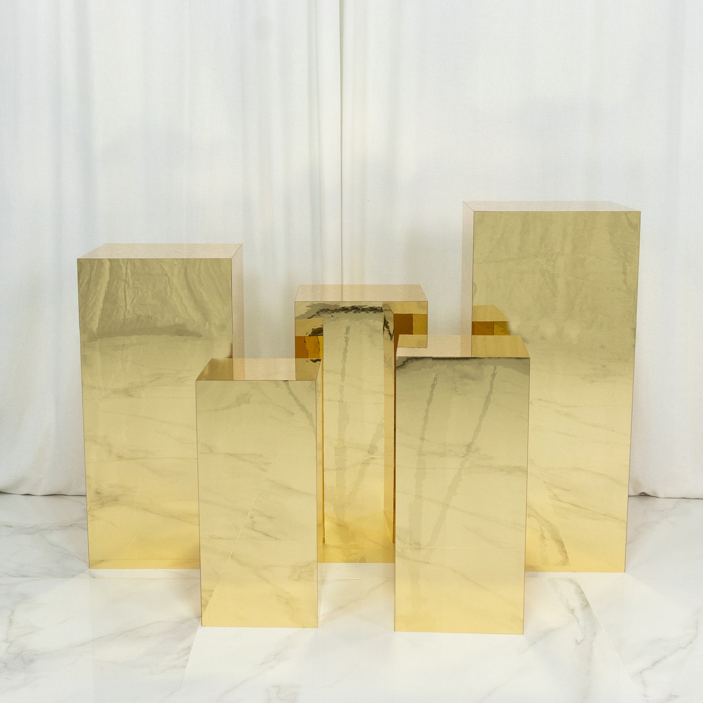 Set of 5 Gold Mirror Acrylic Pedestal Stands – Pre-Assembled Rectangular Display Risers for Retail, Parties & Event Décor – 20", 22", 24", 28", 32"