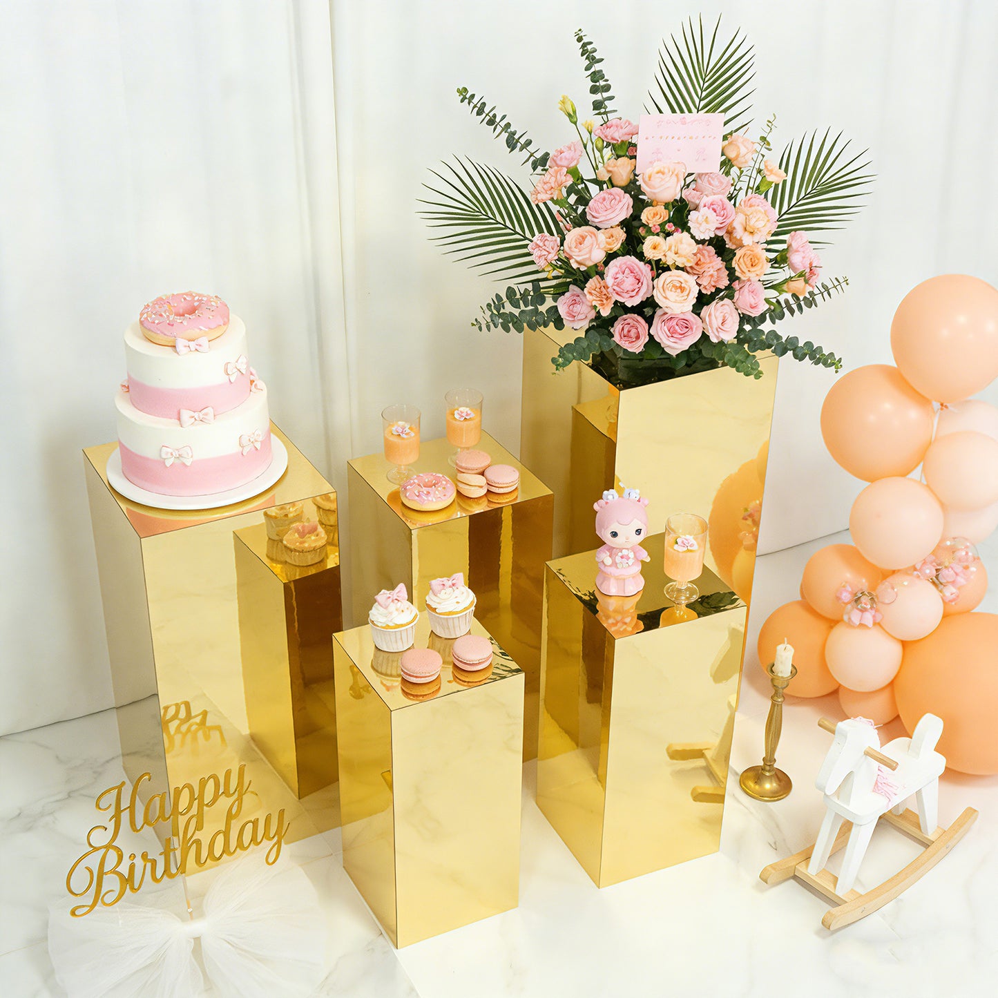 Set of 5 Gold Mirror Acrylic Pedestal Stands – Pre-Assembled Rectangular Display Risers for Retail, Parties & Event Décor – 20", 22", 24", 28", 32"