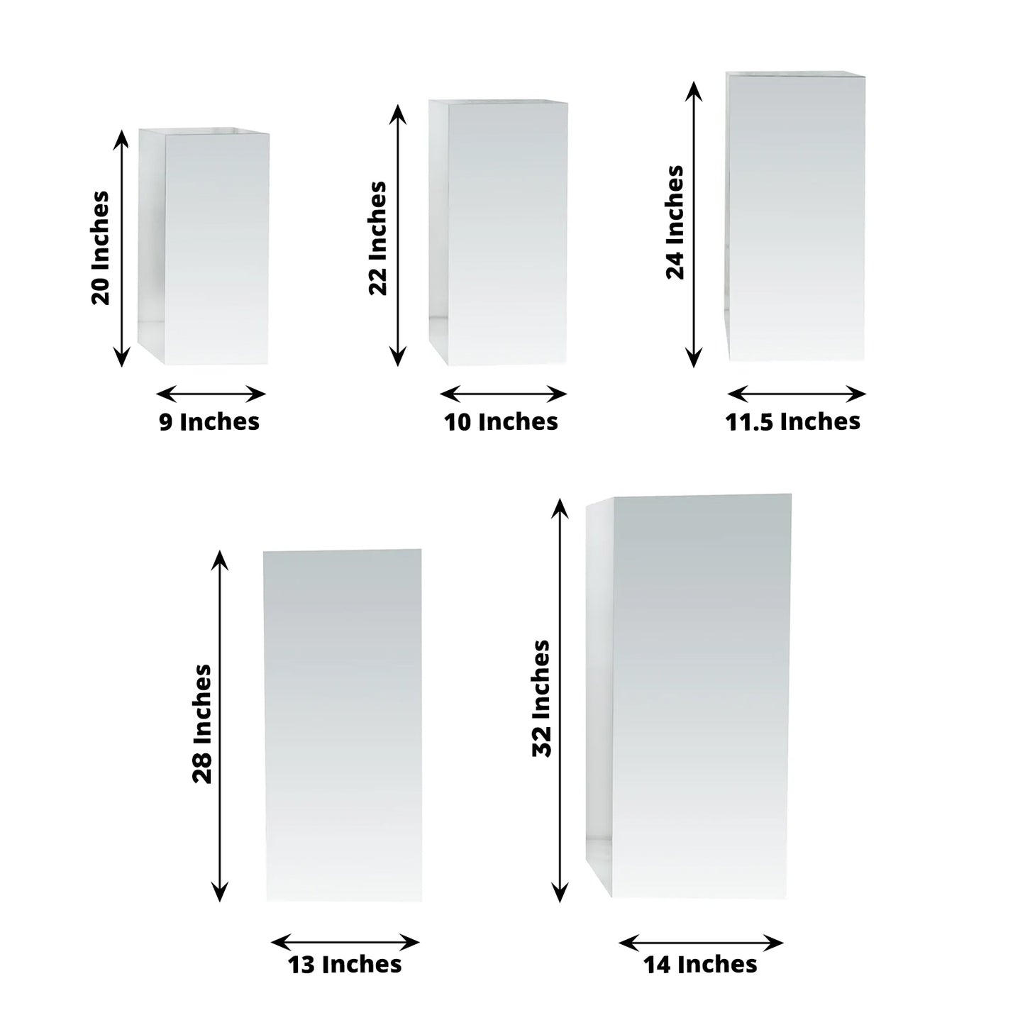 Set of 5 Silver Mirror Acrylic Pedestal Stands – Pre-Assembled Rectangular Display Risers for Retail, Parties & Event Décor – 20", 22", 24", 28", 32"