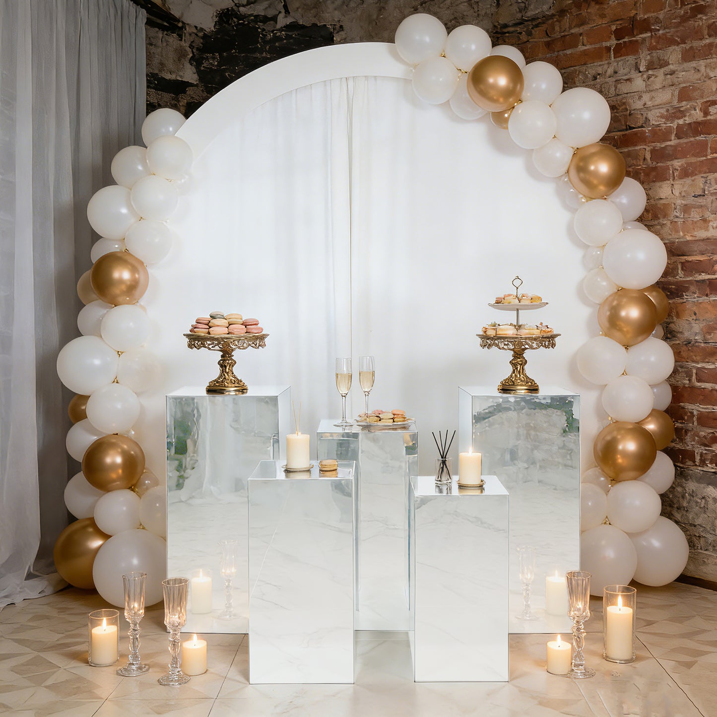 Set of 5 Silver Mirror Acrylic Pedestal Stands – Pre-Assembled Rectangular Display Risers for Retail, Parties & Event Décor – 20", 22", 24", 28", 32"