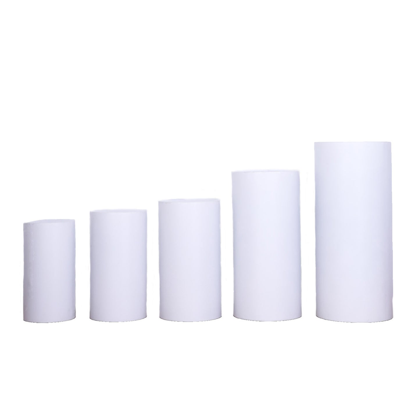 White metal cylinder pillar prop stands set for wedding aisle display.