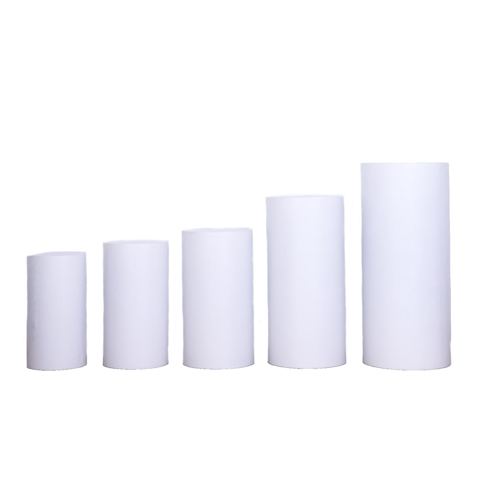 White metal cylinder pillar prop stands set for wedding aisle display.