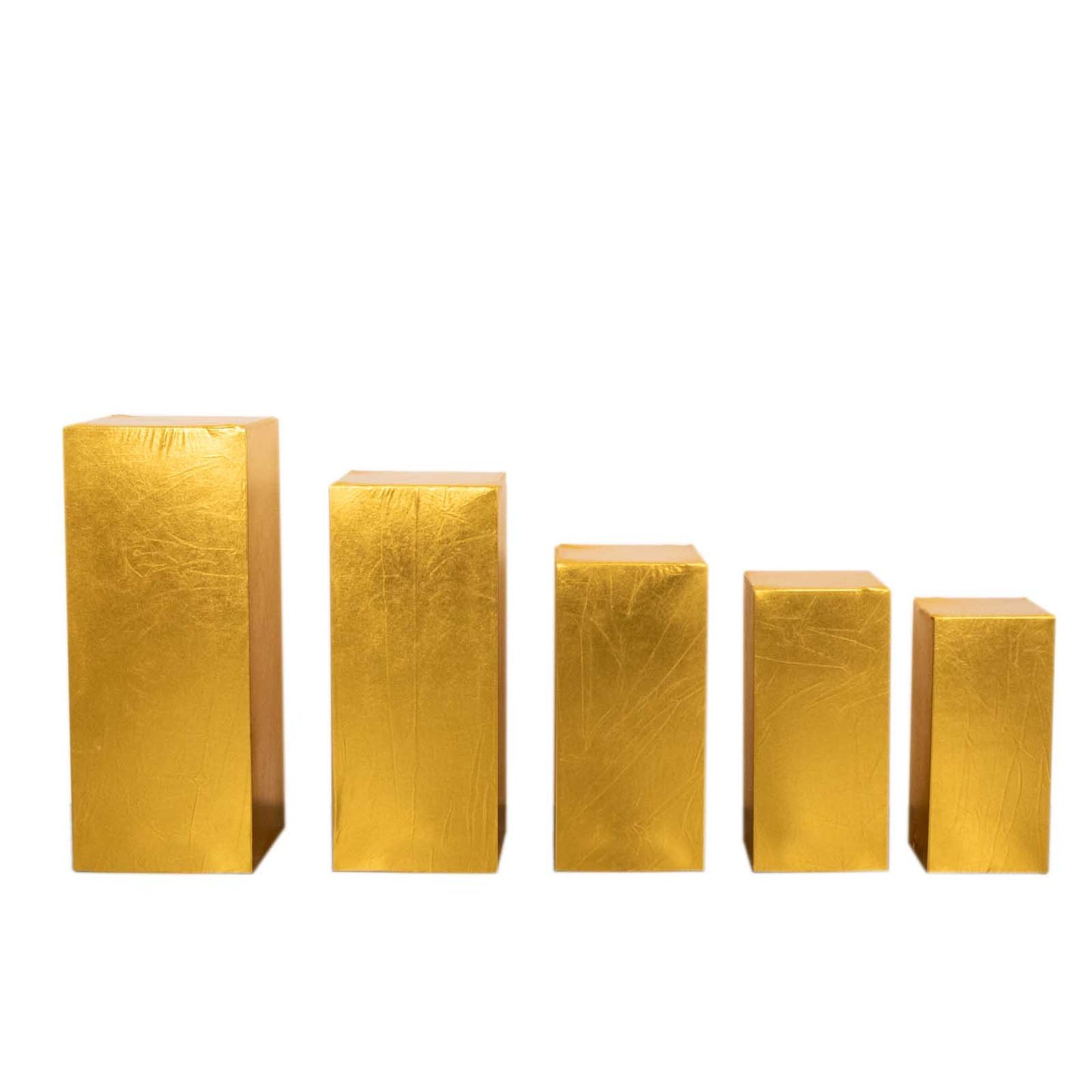 Set of 5 metallic gold pedestal stand covers for events.