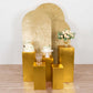 Metallic gold spandex pedestal stand covers for event decor.