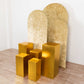 Metallic gold pedestal stand covers for events and displays.
