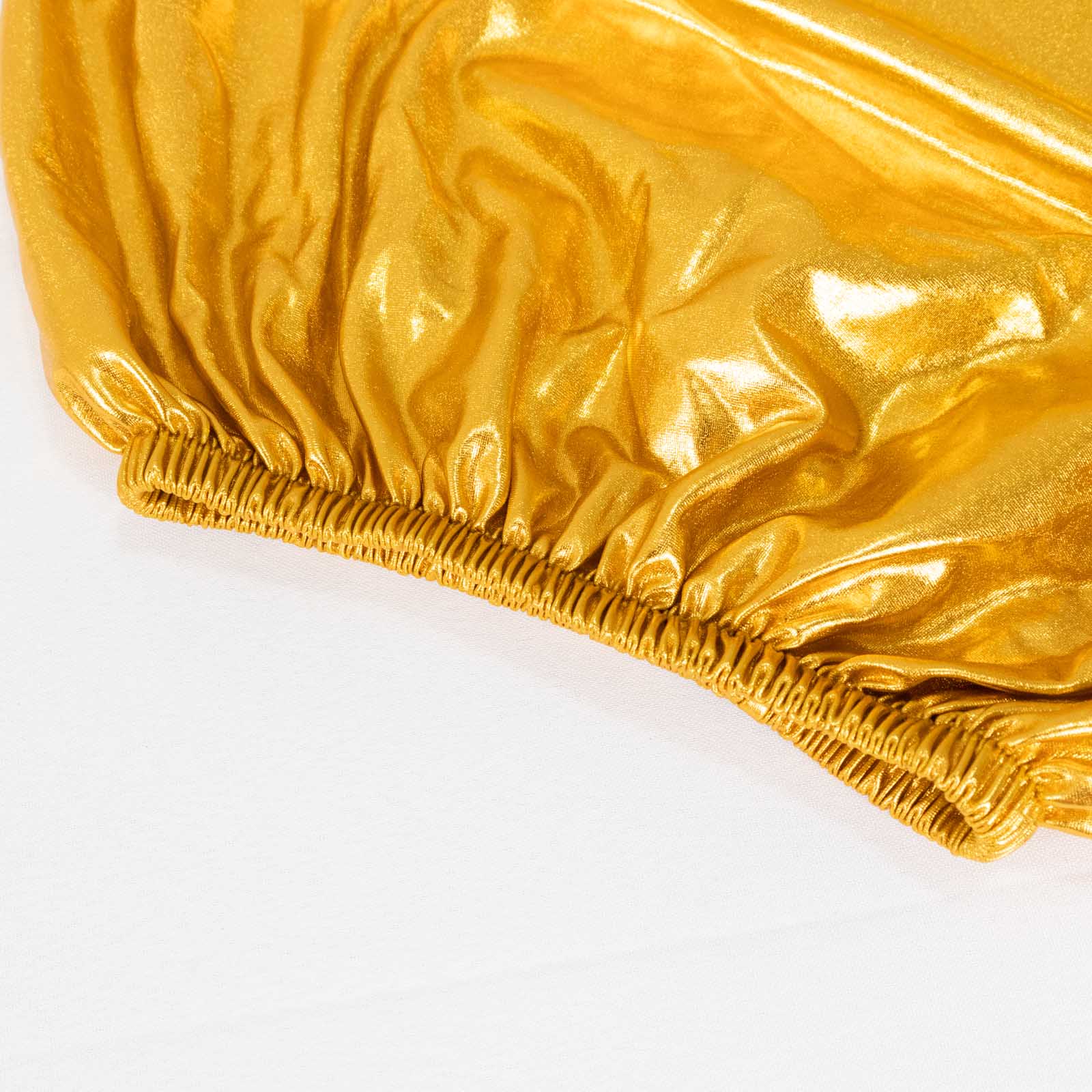 Metallic gold spandex pedestal stand cover with stretchy fit.