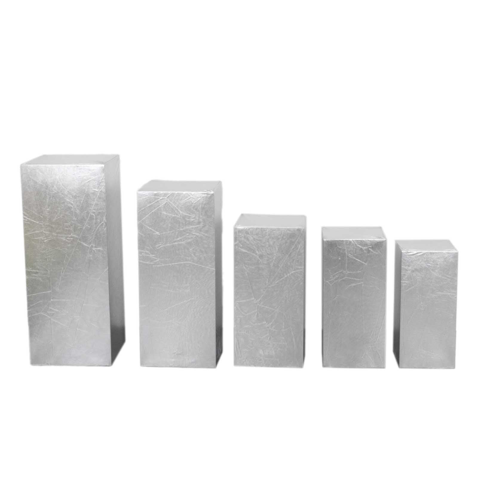 Metallic silver spandex pedestal stand covers, set of 5.