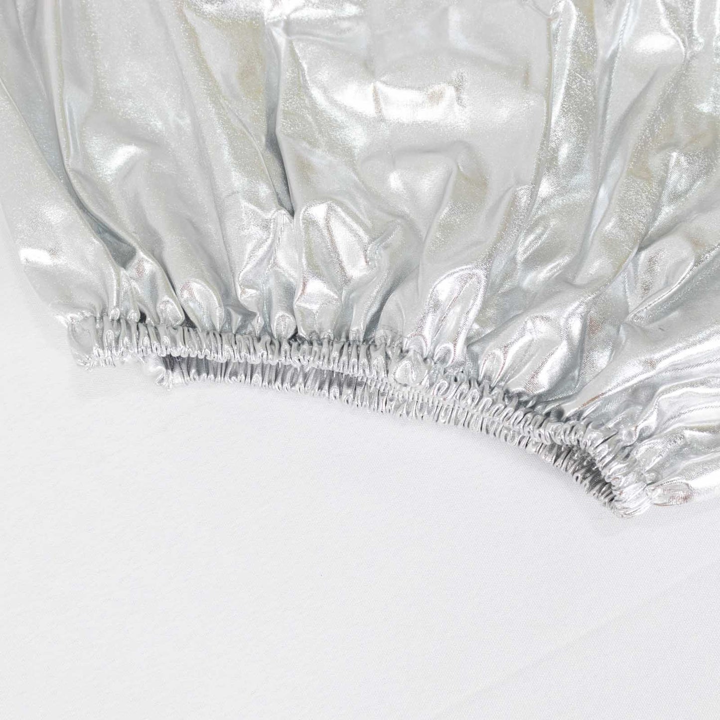 Metallic silver spandex pedestal stand cover with stretchable design.