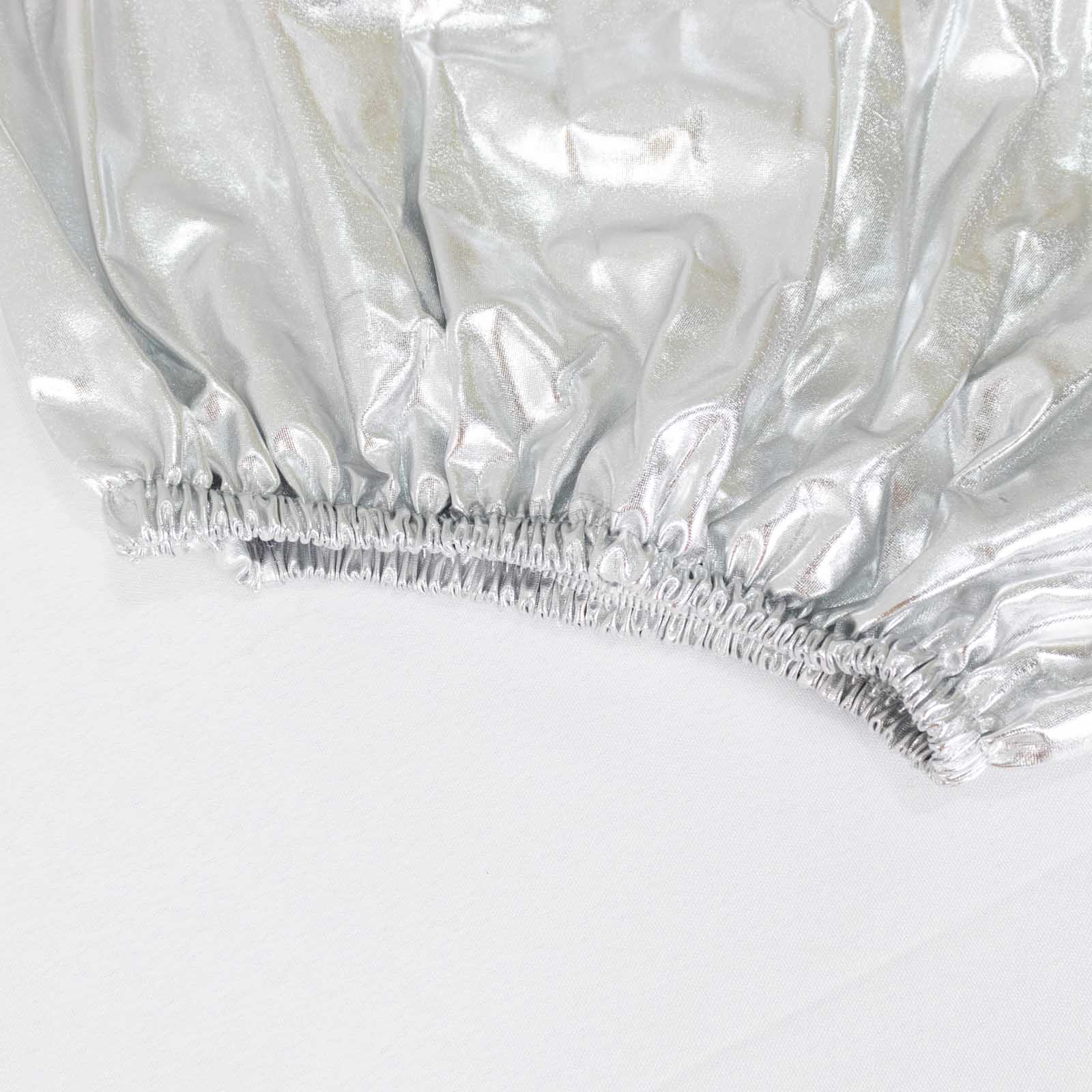 Metallic silver spandex pedestal stand cover with stretchable design.
