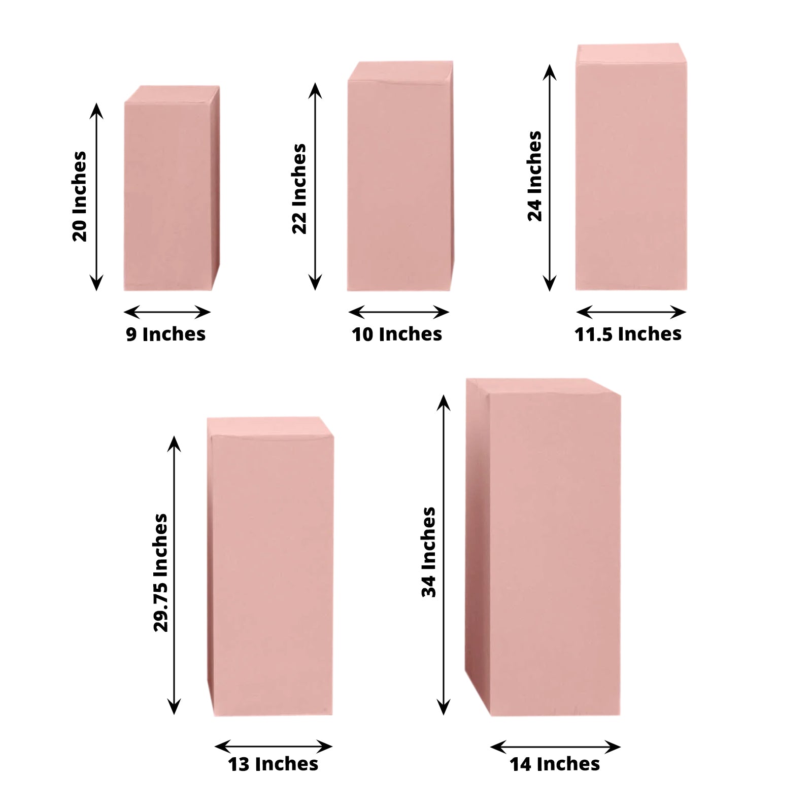 Dusty rose spandex pedestal stand covers in a set of five.
