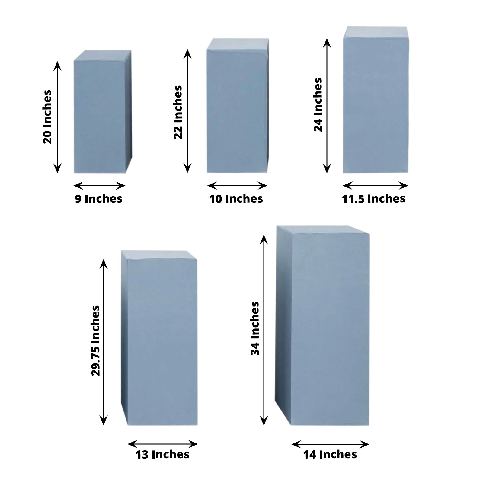 Dusty blue spandex pedestal stand covers in five sizes.