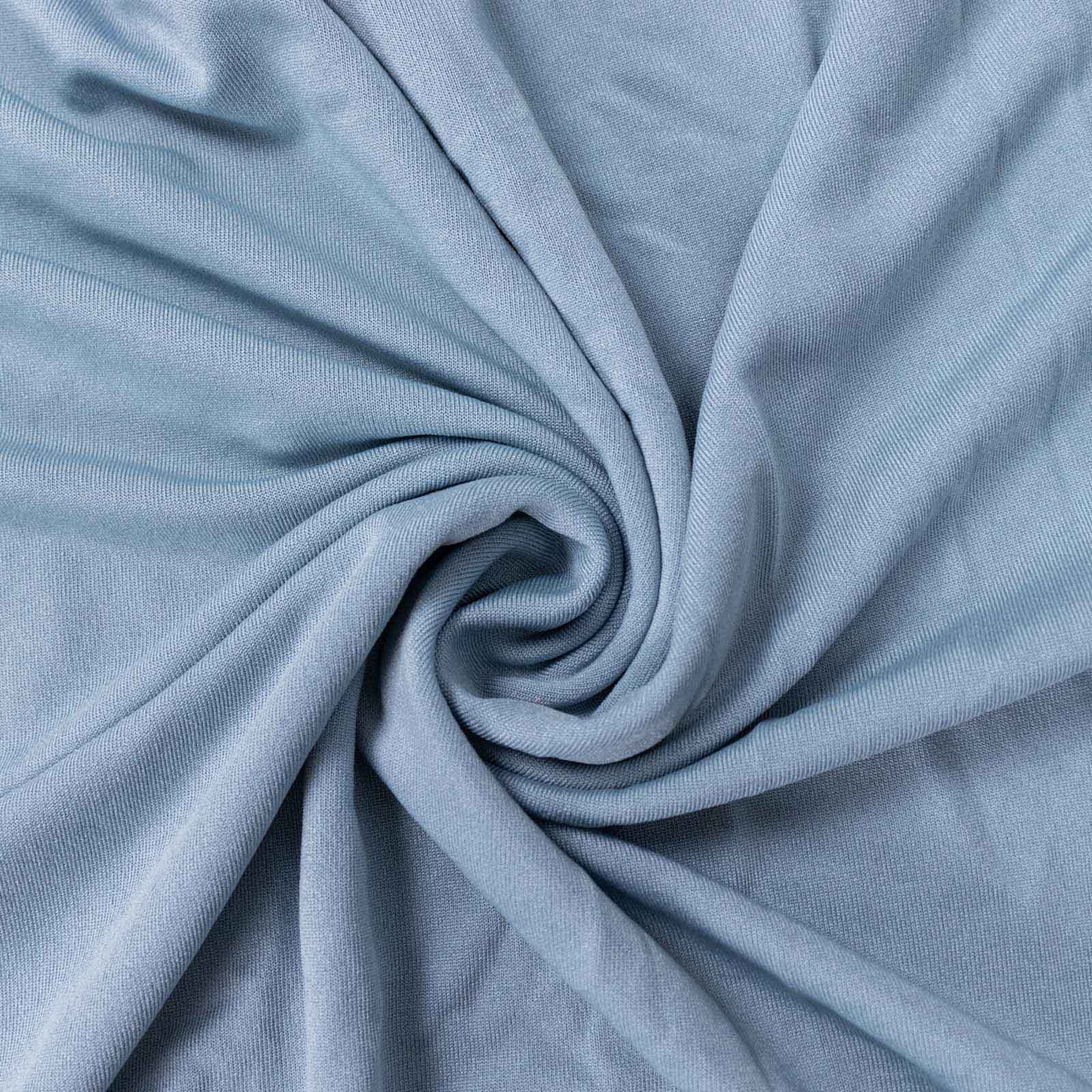 Dusty blue spandex rectangle pedestal stand covers in a stretchable design.