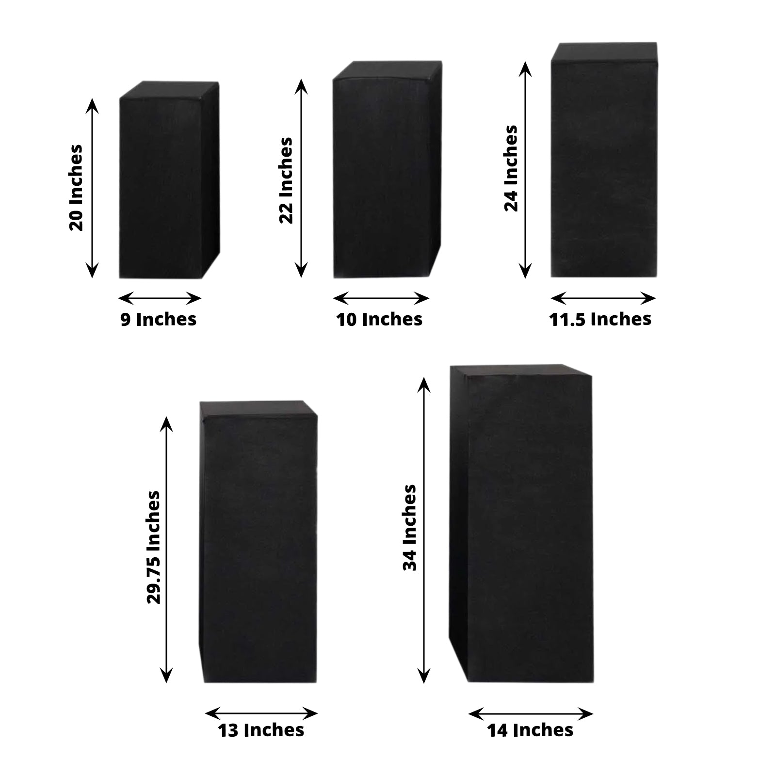 Set of 5 black spandex pedestal stand covers, stretchable and elegant.