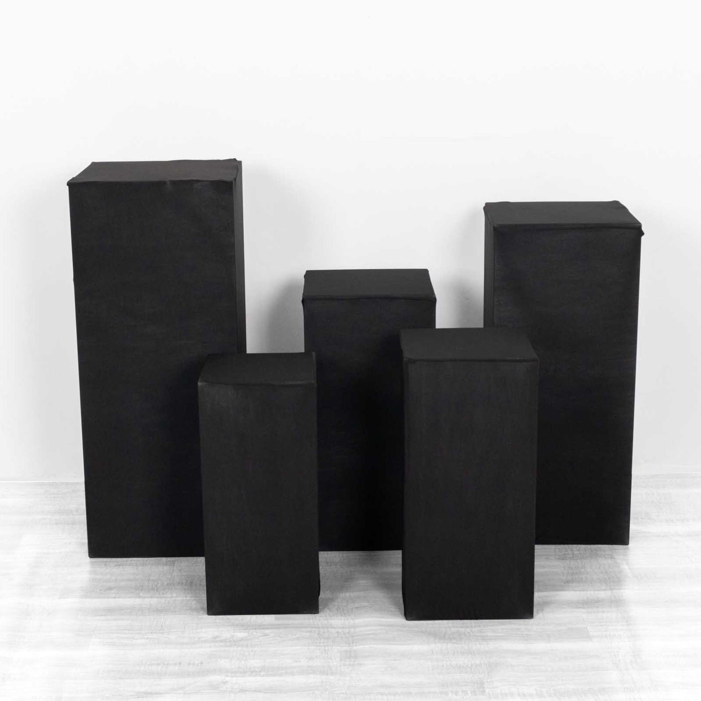 Set of 5 black spandex pedestal stand covers, stretchable pillar prop covers.