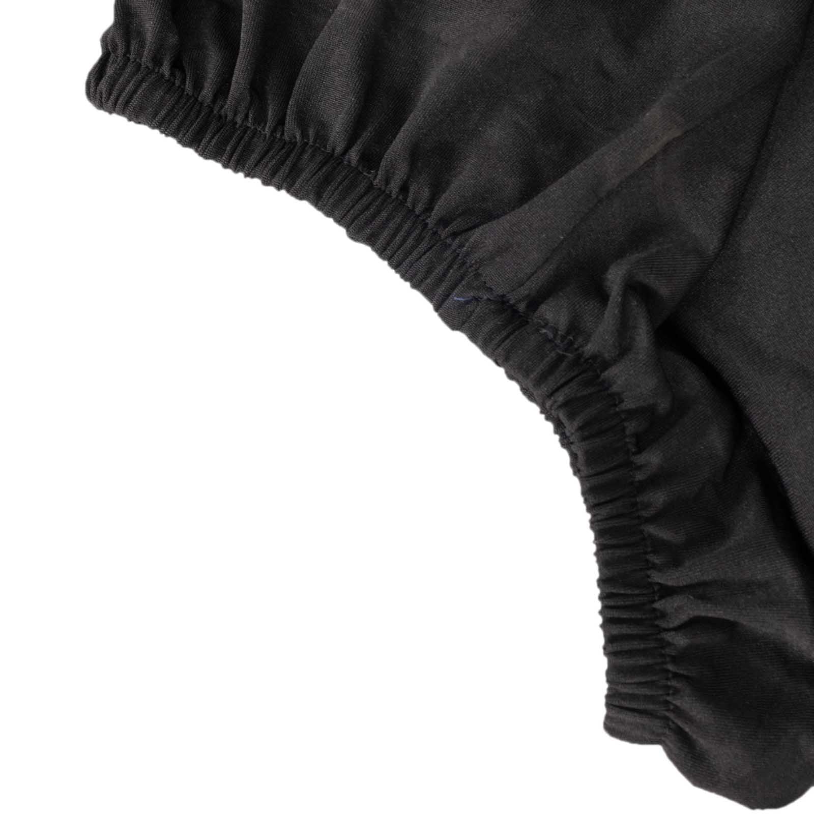 Black spandex pedestal stand cover with stretchable fabric.