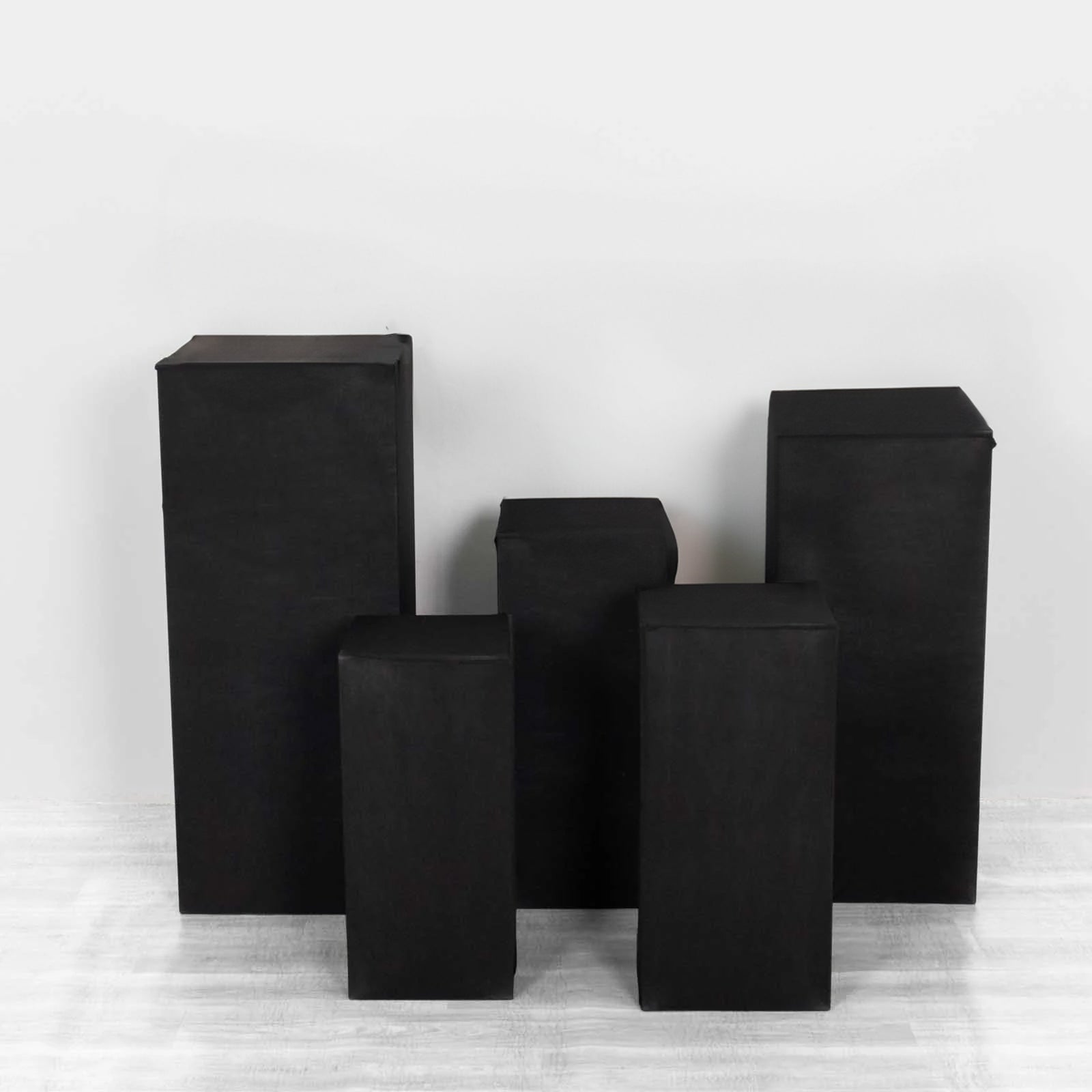 Black spandex pedestal stand cover for rectangle pillar props.