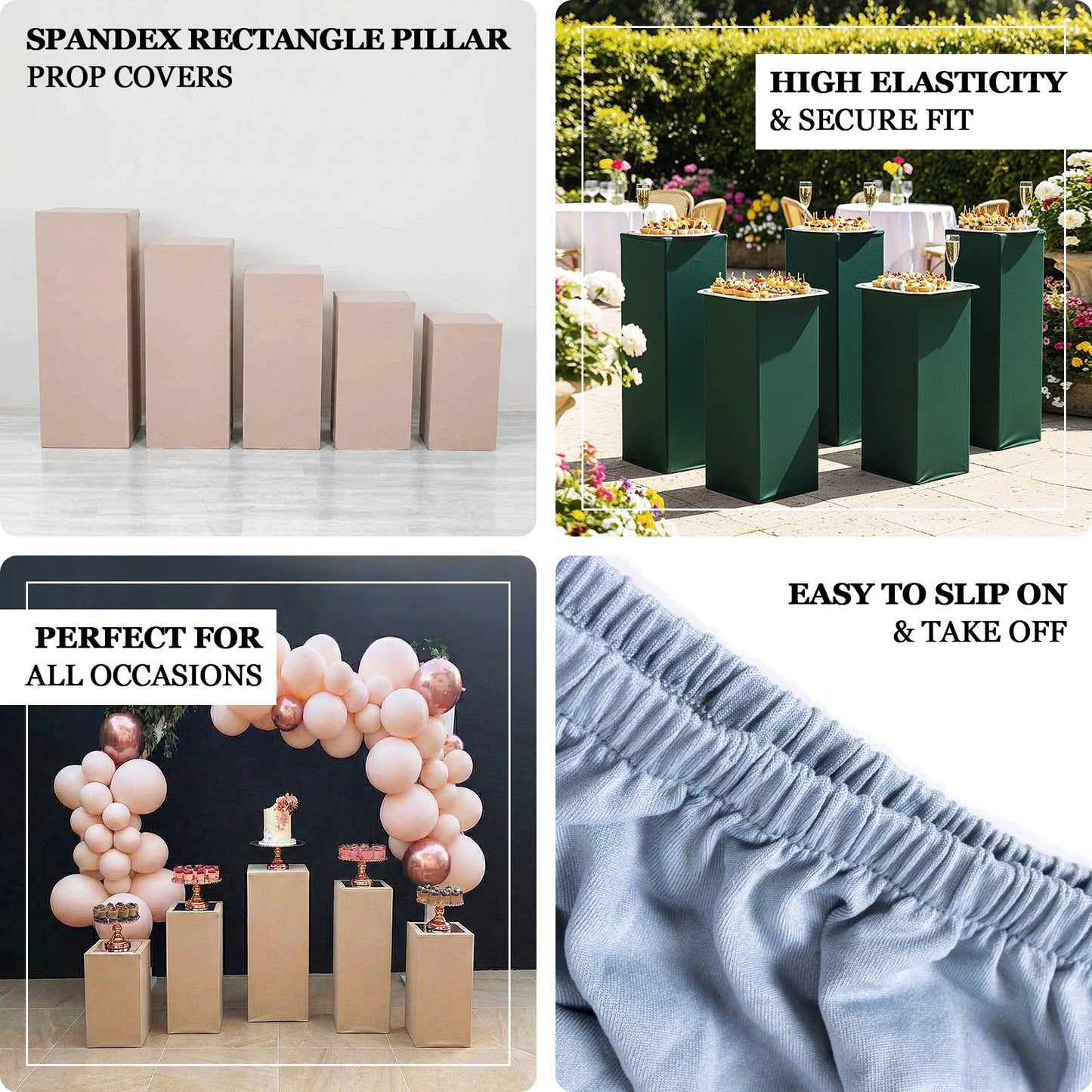 Dusty blue spandex pedestal stand covers for events and displays.