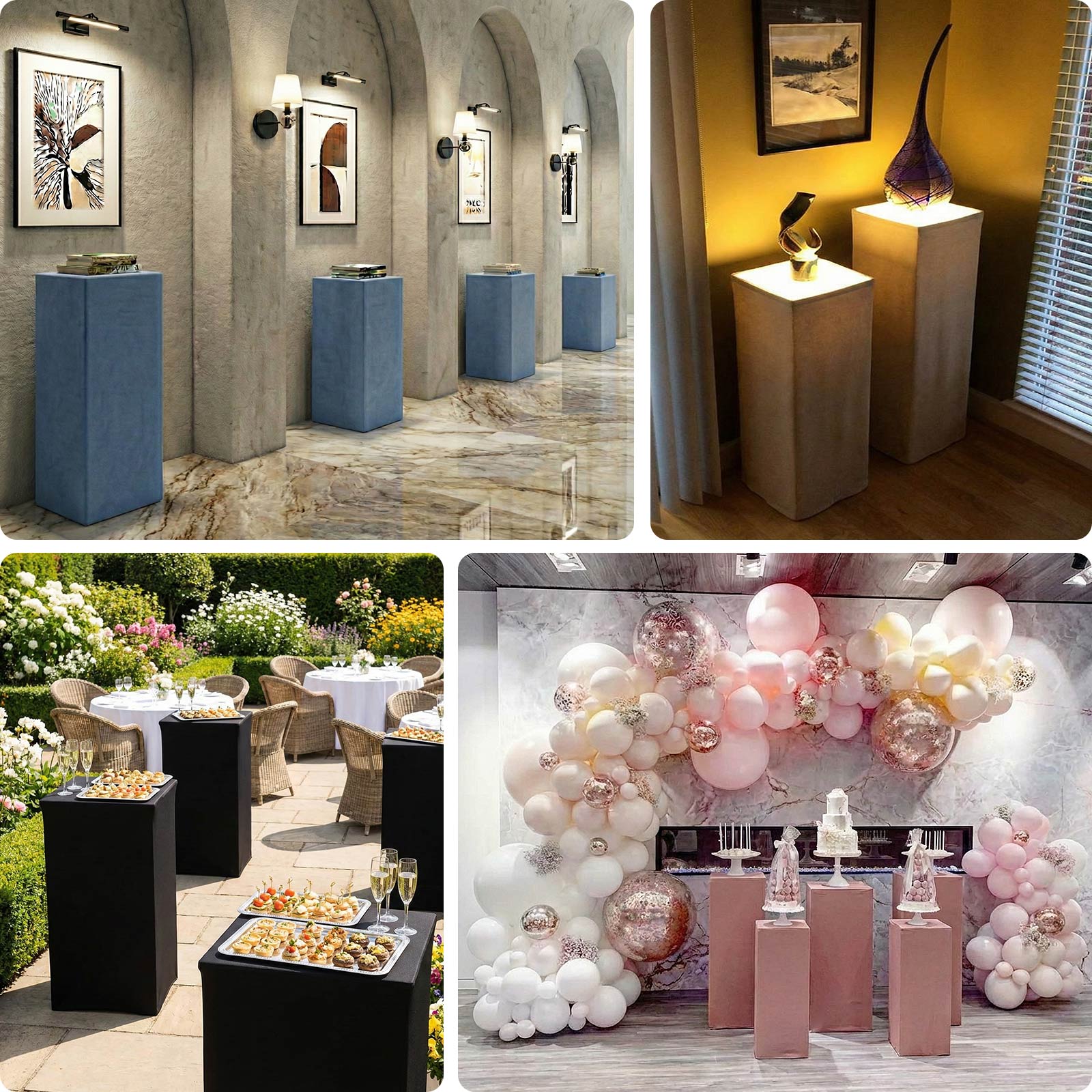 Set of 5 black spandex pedestal stand covers for events.