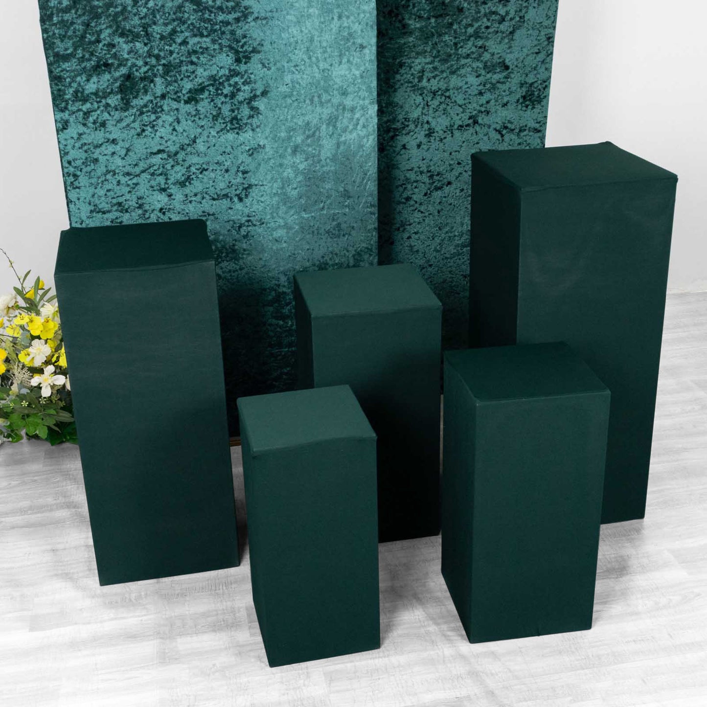 Set of 5 Hunter Emerald Green Spandex Rectangle Pedestal Stand Covers, Stretchable Pillar Prop Covers - 160 GSM