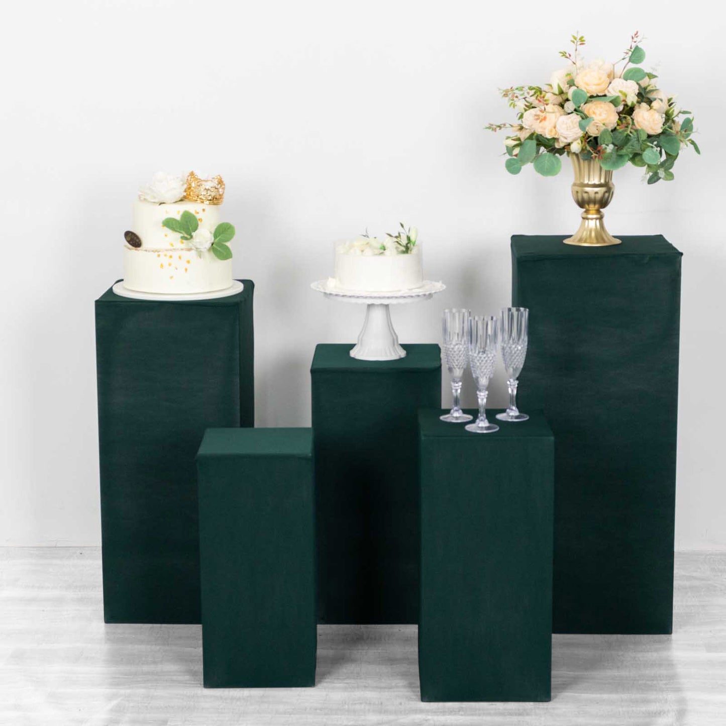 Set of 5 Hunter Emerald Green Spandex Rectangle Pedestal Stand Covers, Stretchable Pillar Prop Covers - 160 GSM