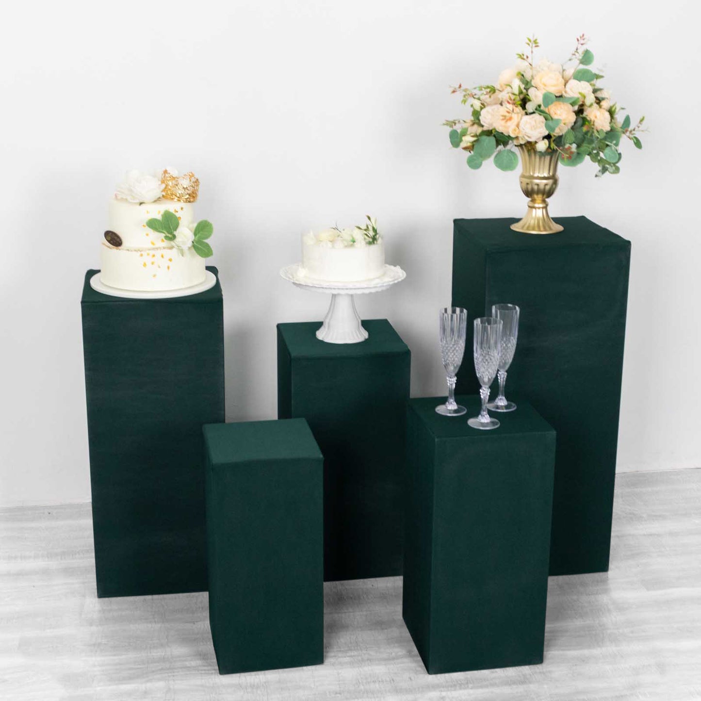 Set of 5 Hunter Emerald Green Spandex Rectangle Pedestal Stand Covers, Stretchable Pillar Prop Covers - 160 GSM