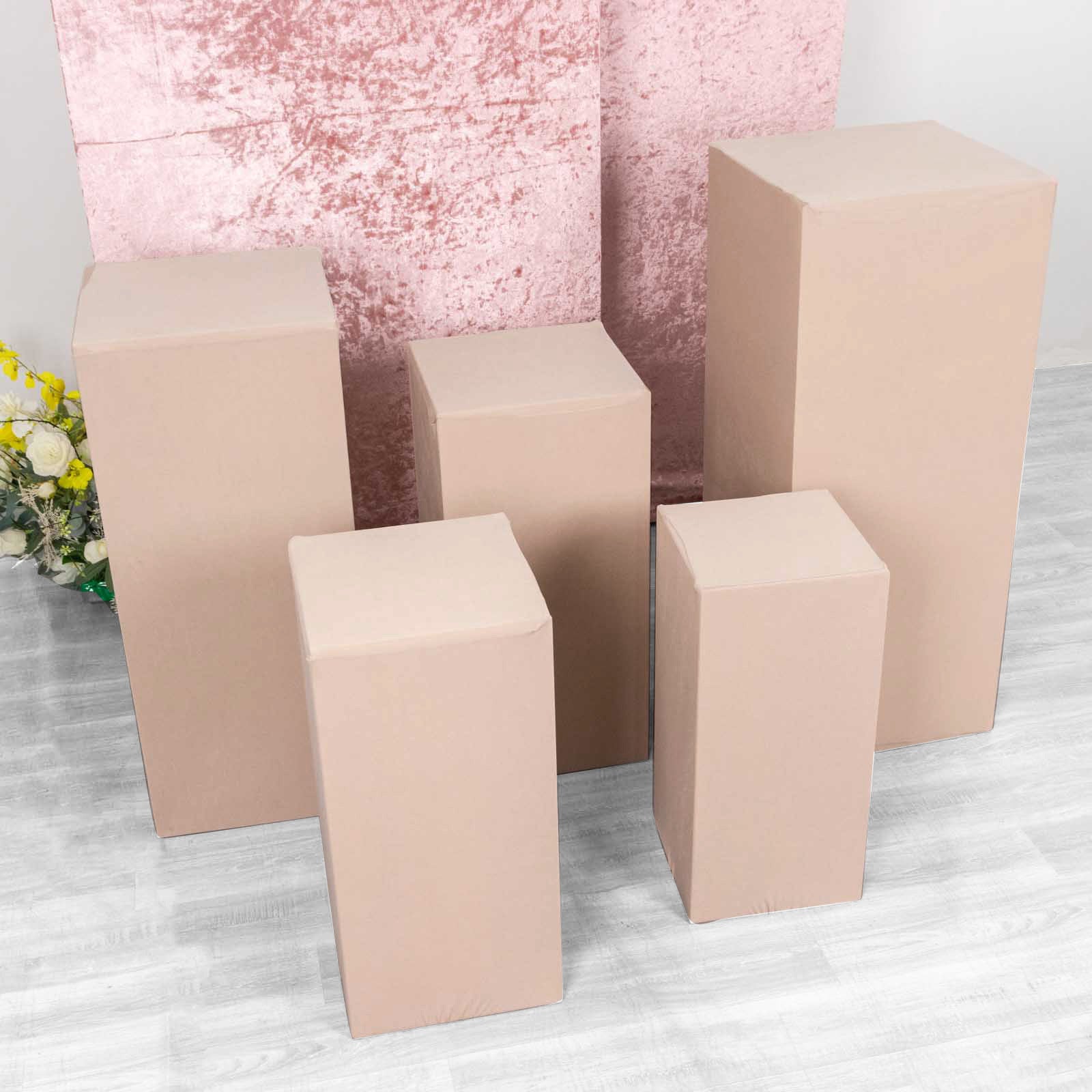 Nude spandex pedestal stand covers in a set of 5, stretchable and versatile.