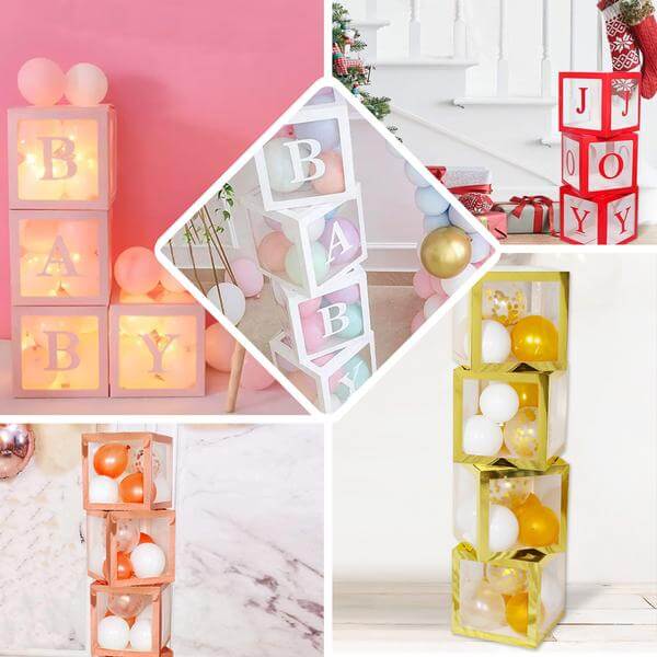 Wood grain brown DIY balloon boxes for baby shower decorations.