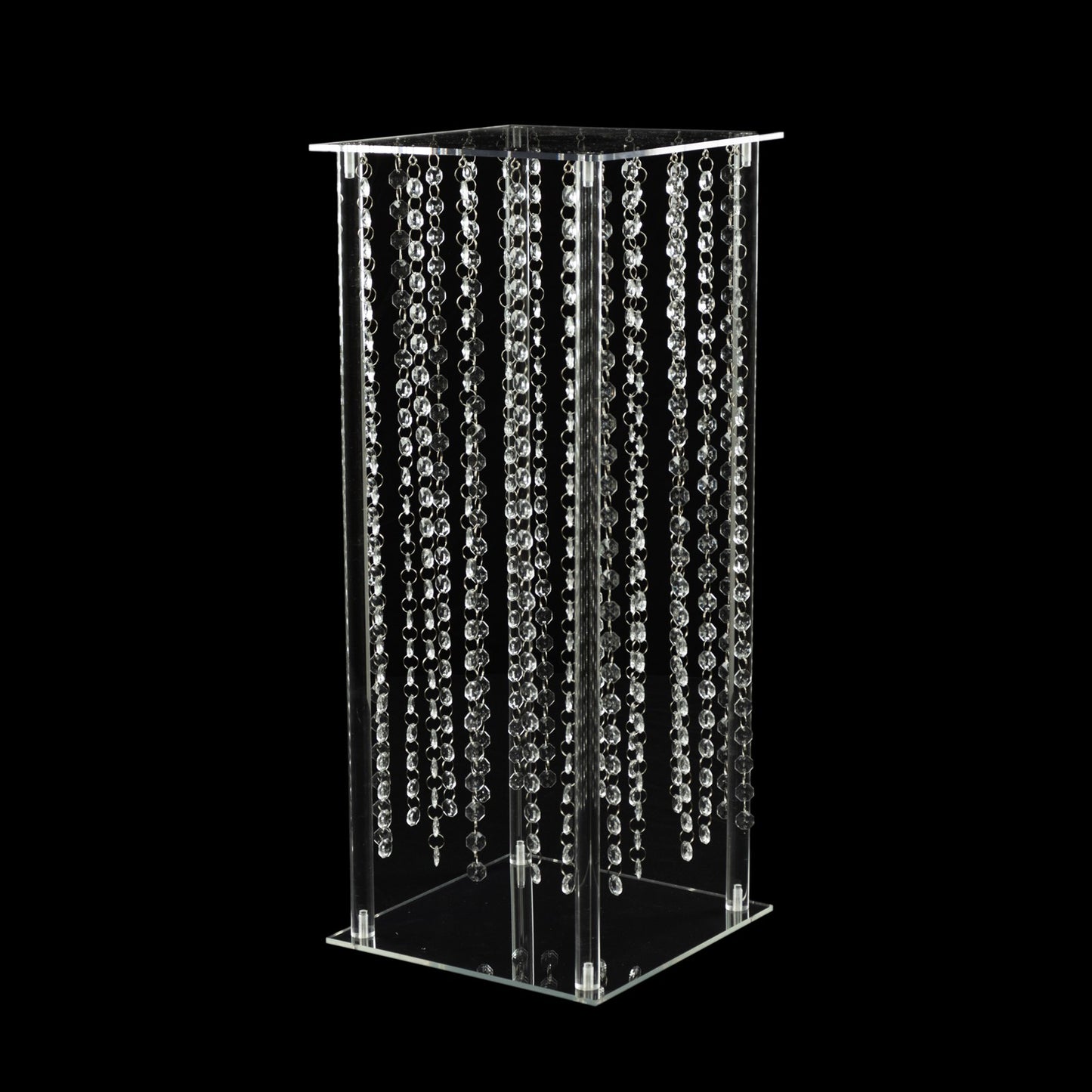 24" Heavy Duty Acrylic Flower Pedestal Stand with Hanging Crystal Beads, Clear Pillar Vase Wedding Table Centerpieces With Pre-chained Garlands - 5mm Thick Plates