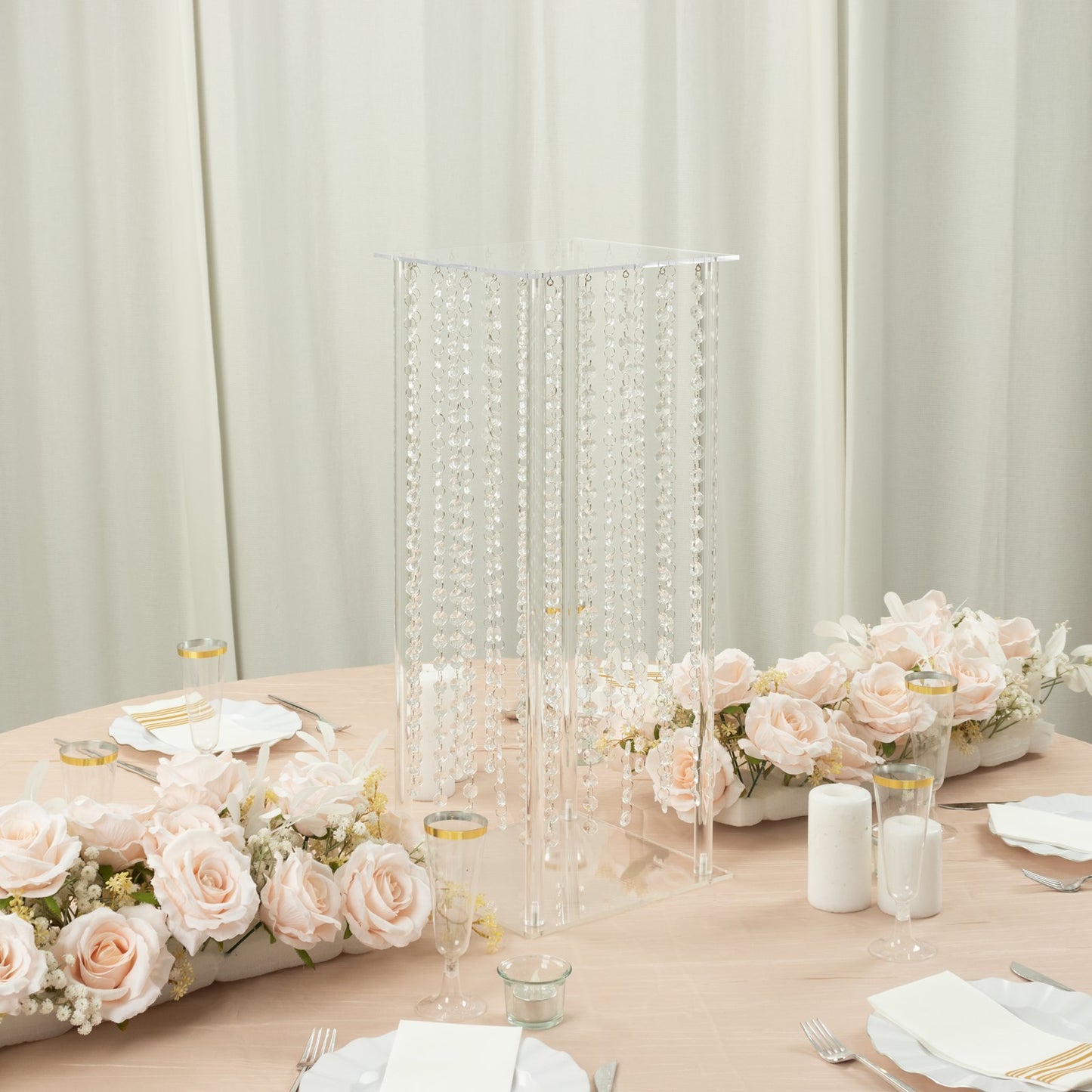 24" Heavy Duty Acrylic Flower Pedestal Stand with Hanging Crystal Beads, Clear Pillar Vase Wedding Table Centerpieces With Pre-chained Garlands - 5mm Thick Plates