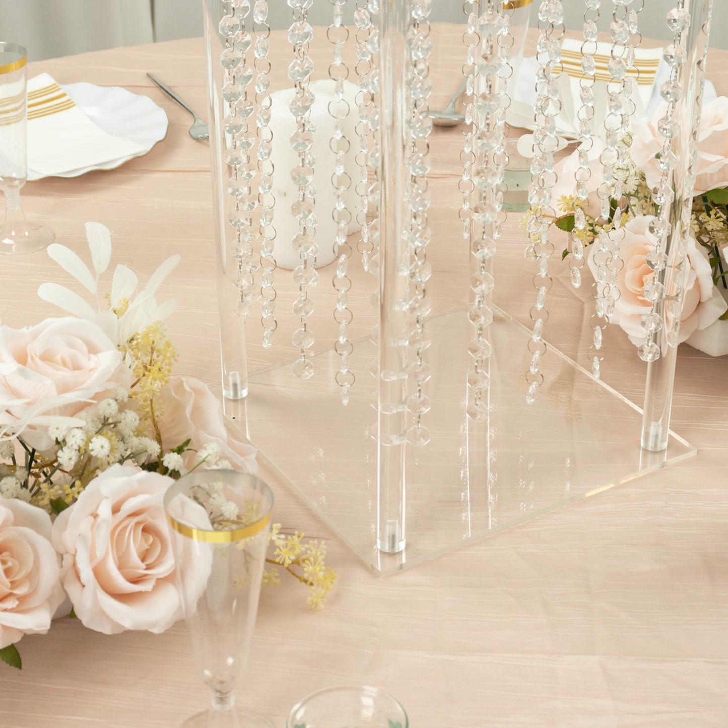 24" Heavy Duty Acrylic Flower Pedestal Stand with Hanging Crystal Beads, Clear Pillar Vase Wedding Table Centerpieces With Pre-chained Garlands - 5mm Thick Plates