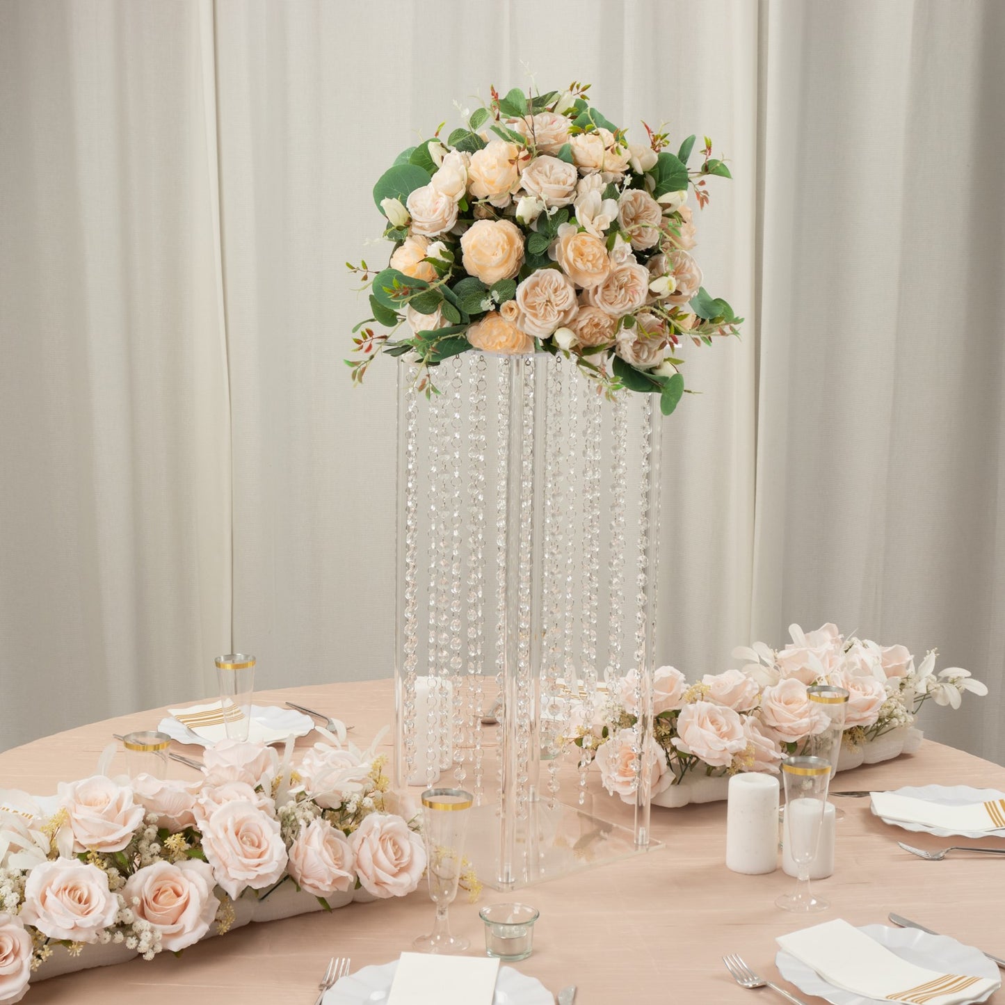 24" Heavy Duty Acrylic Flower Pedestal Stand with Hanging Crystal Beads, Clear Pillar Vase Wedding Table Centerpieces With Pre-chained Garlands - 5mm Thick Plates