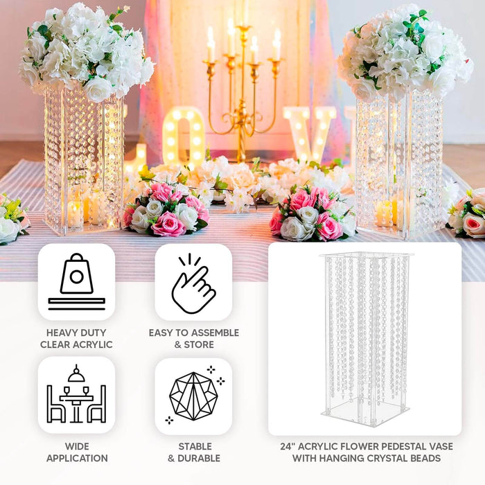 24" Heavy Duty Acrylic Flower Pedestal Stand with Hanging Crystal Beads, Clear Pillar Vase Wedding Table Centerpieces With Pre-chained Garlands - 5mm Thick Plates