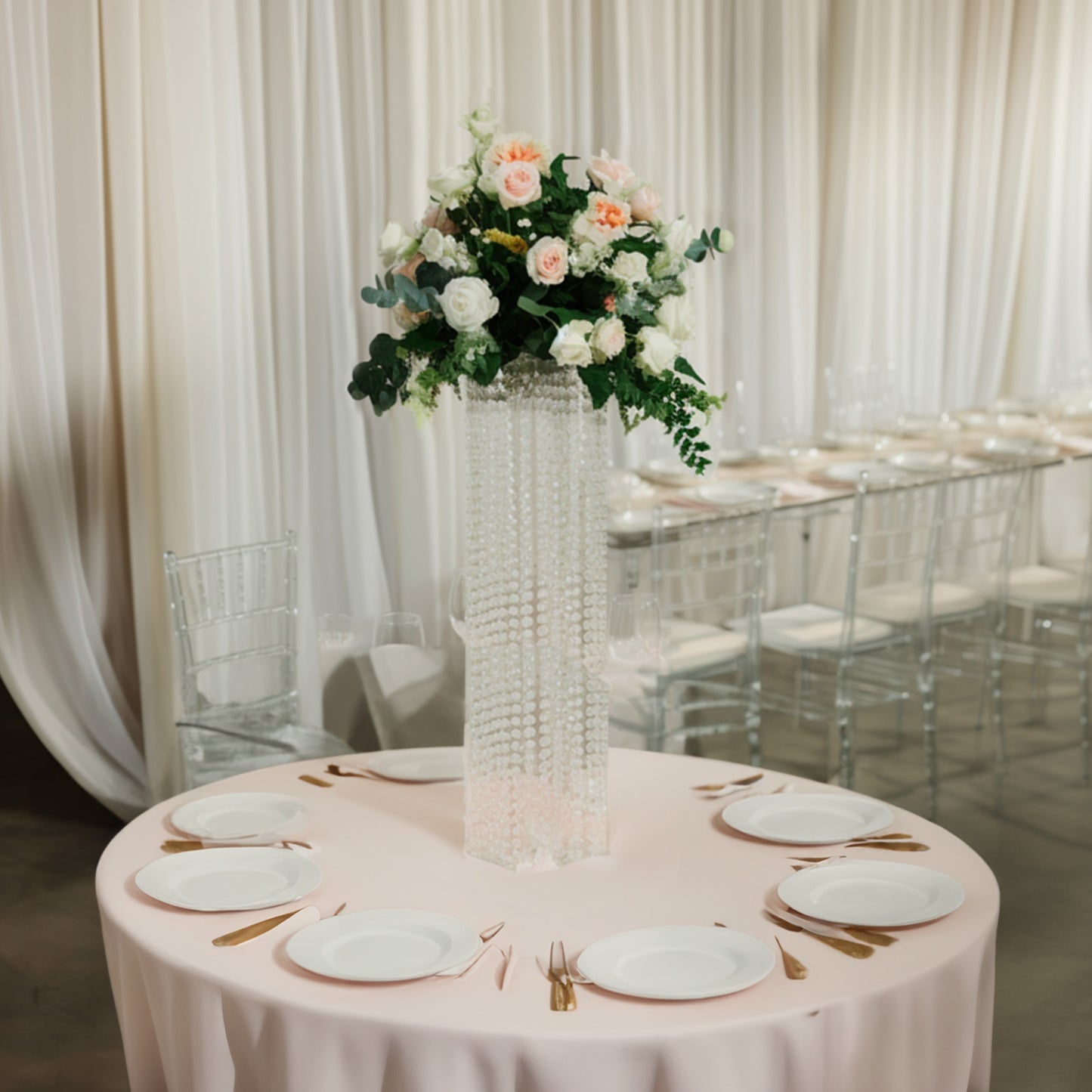 24" Heavy Duty Acrylic Flower Pedestal Stand with Hanging Crystal Beads, Clear Pillar Vase Wedding Table Centerpieces With Pre-chained Garlands - 5mm Thick Plates