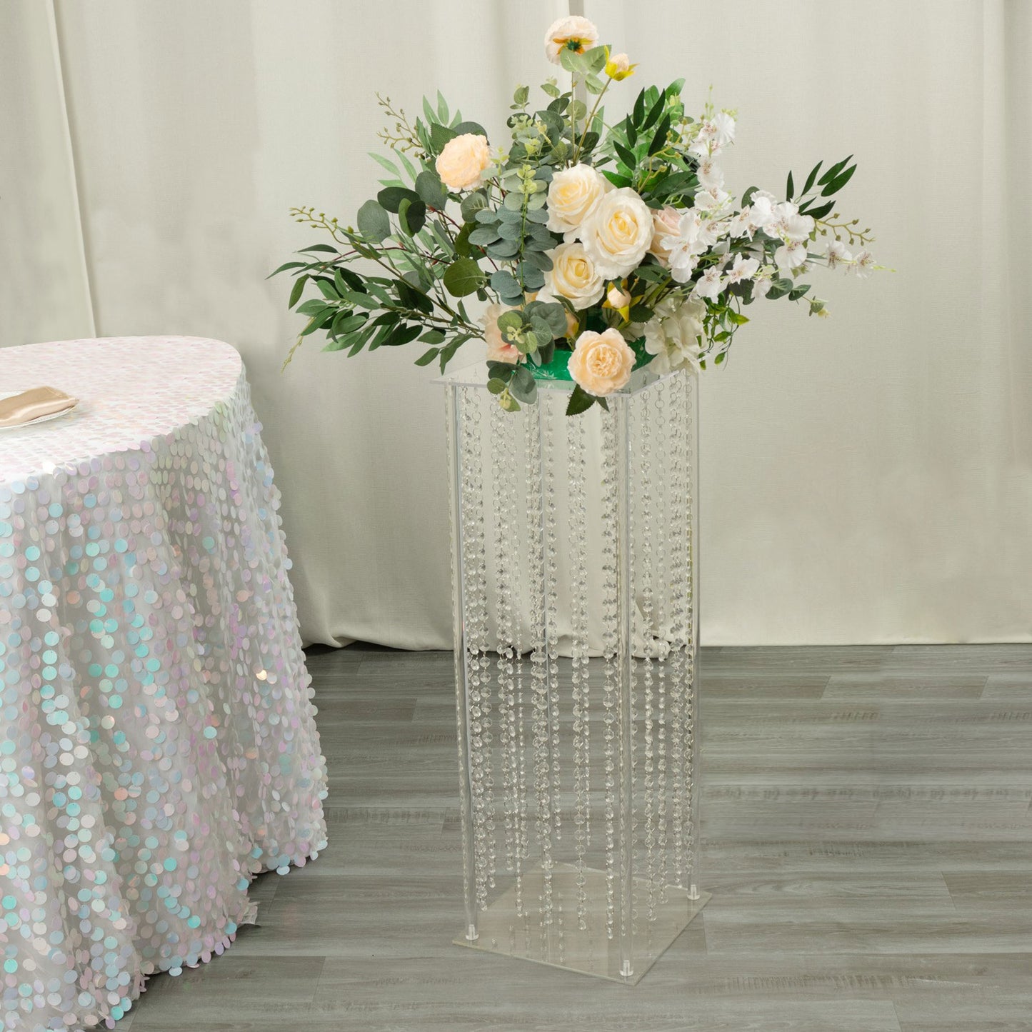 32" Heavy Duty Acrylic Flower Pedestal Stand with Hanging Crystal Beads, Clear Pillar Vase Wedding Floor Centerpieces With Pre-chained Garlands - 5mm Thick Plates