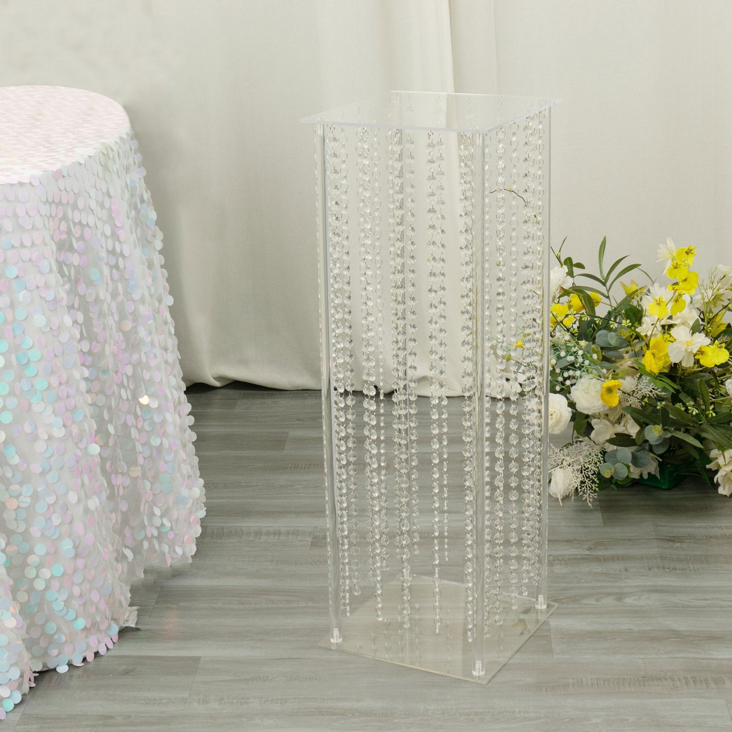 32" Heavy Duty Acrylic Flower Pedestal Stand with Hanging Crystal Beads, Clear Pillar Vase Wedding Floor Centerpieces With Pre-chained Garlands - 5mm Thick Plates