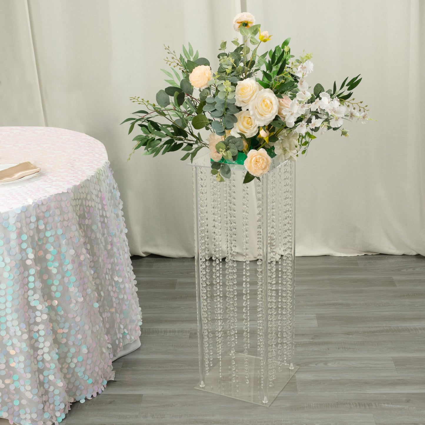 32" Heavy Duty Acrylic Flower Pedestal Stand with Hanging Crystal Beads, Clear Pillar Vase Wedding Floor Centerpieces With Pre-chained Garlands - 5mm Thick Plates