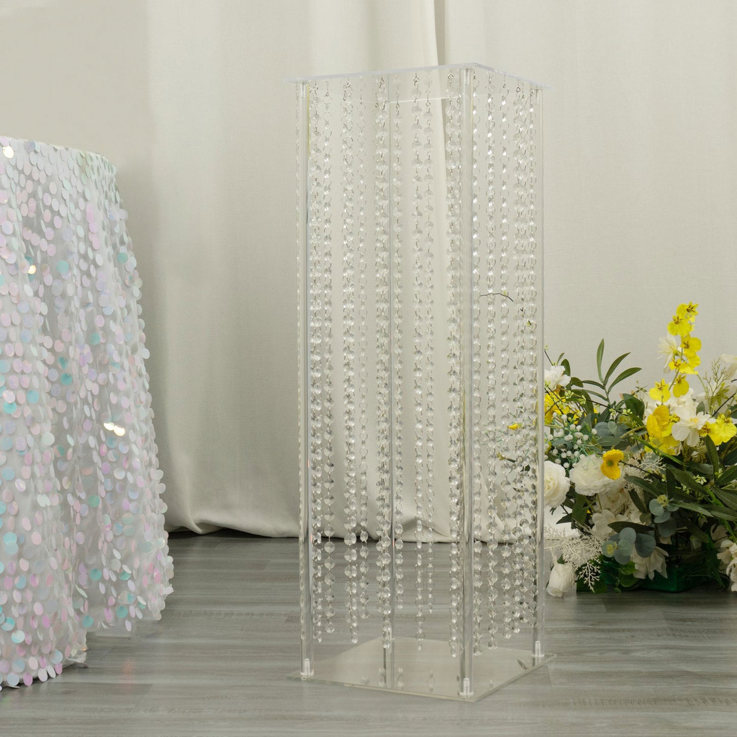 32" Heavy Duty Acrylic Flower Pedestal Stand with Hanging Crystal Beads, Clear Pillar Vase Wedding Floor Centerpieces With Pre-chained Garlands - 5mm Thick Plates