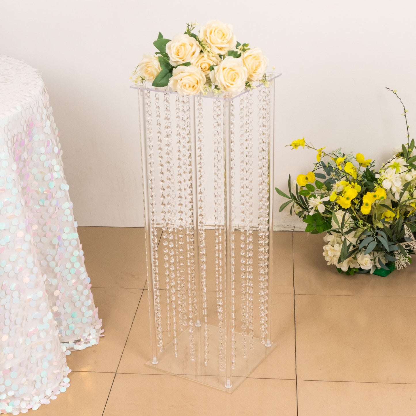 32" Heavy Duty Acrylic Flower Pedestal Stand with Hanging Crystal Beads, Clear Pillar Vase Wedding Floor Centerpieces With Pre-chained Garlands - 5mm Thick Plates