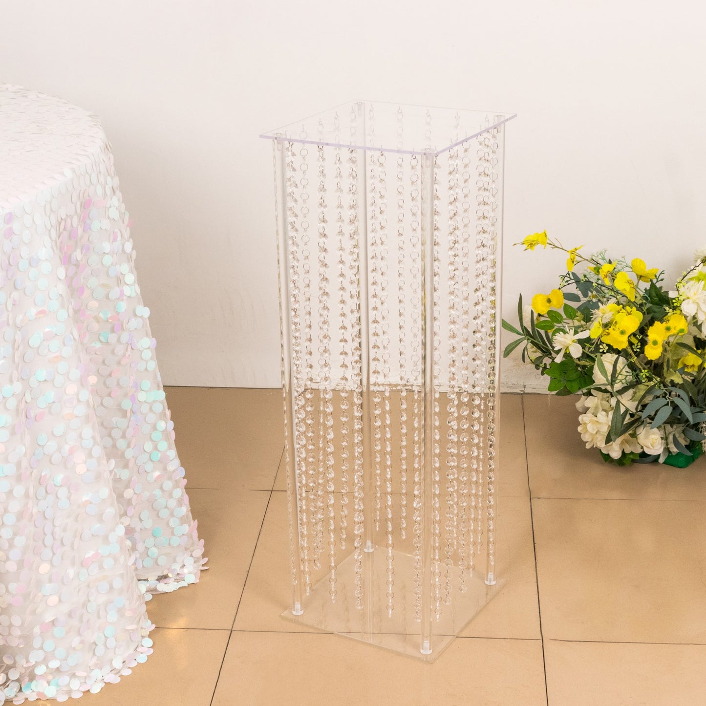 32" Heavy Duty Acrylic Flower Pedestal Stand with Hanging Crystal Beads, Clear Pillar Vase Wedding Floor Centerpieces With Pre-chained Garlands - 5mm Thick Plates