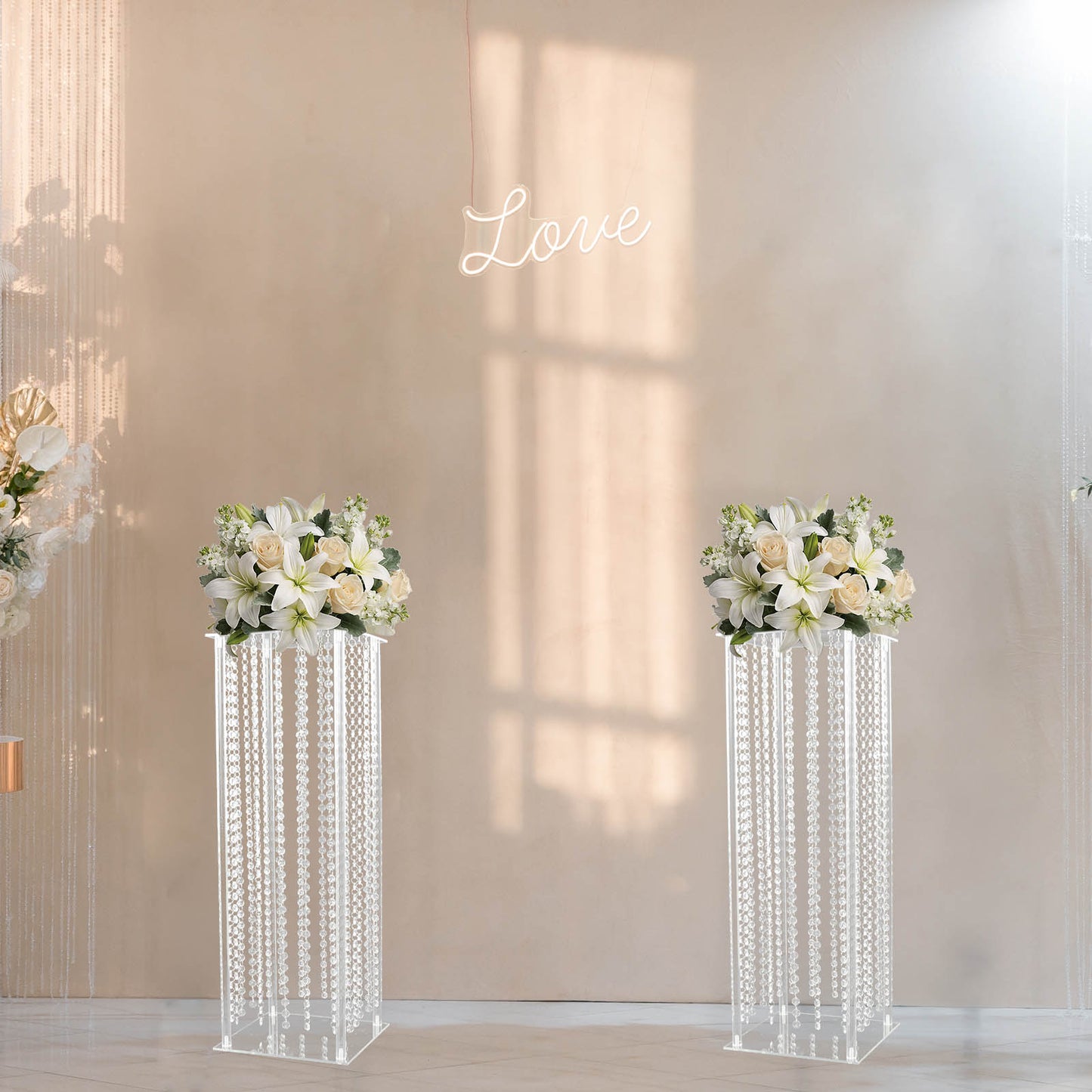 32" Heavy Duty Acrylic Flower Pedestal Stand with Hanging Crystal Beads, Clear Pillar Vase Wedding Floor Centerpieces With Pre-chained Garlands - 5mm Thick Plates