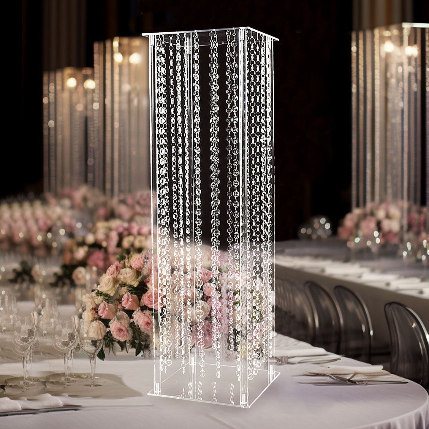 32" Heavy Duty Acrylic Flower Pedestal Stand with Hanging Crystal Beads, Clear Pillar Vase Wedding Floor Centerpieces With Pre-chained Garlands - 5mm Thick Plates